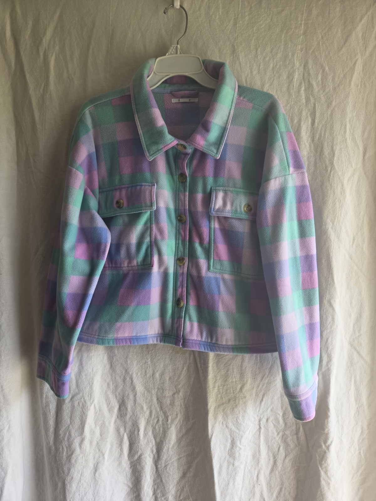 O’Neill Fleece Jacket Womens Medium Cropped Boxy Plaid Cozy Button Up Outdoor