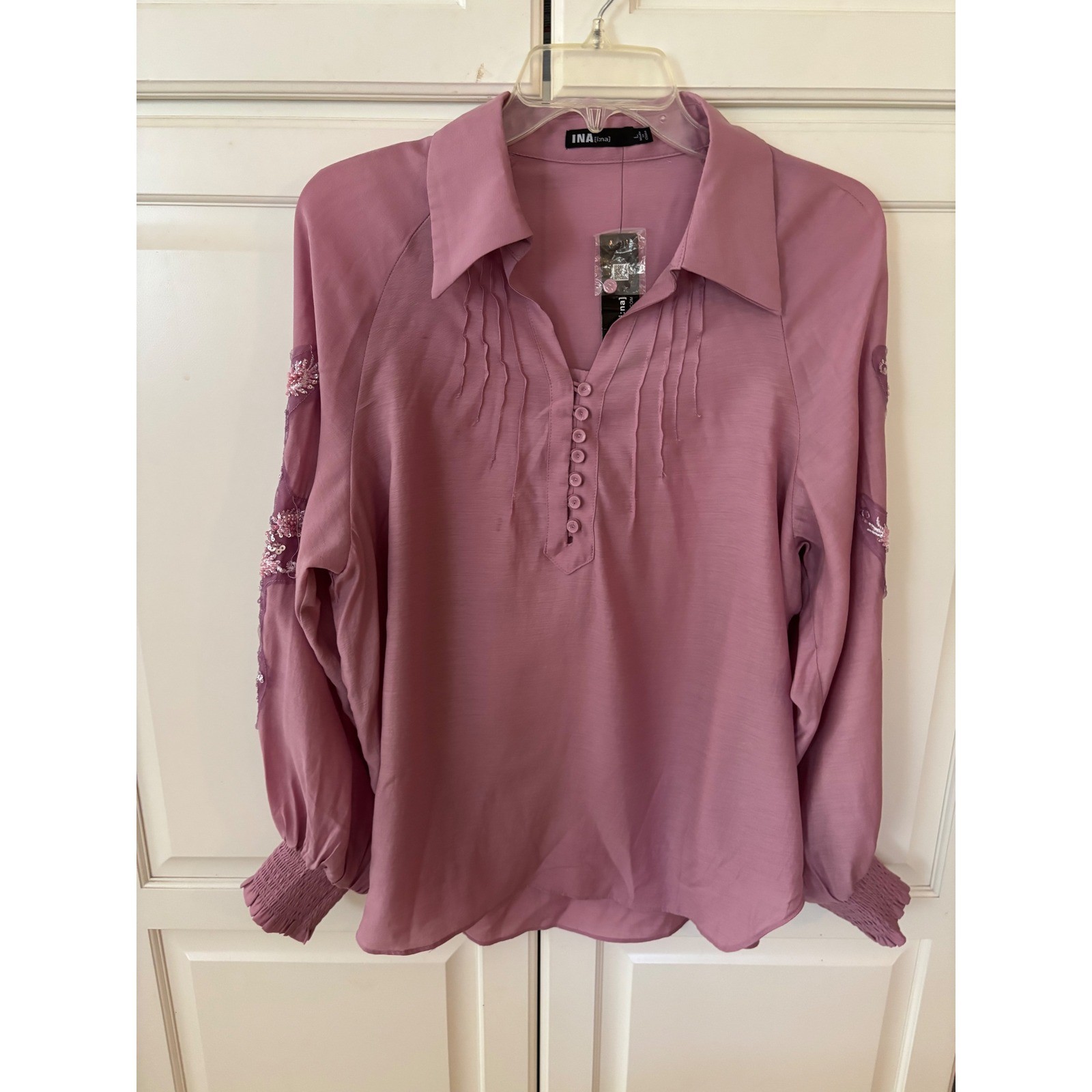 INA Mauve Pink Beaded Sequin Sleeve Pintuck Blouse Top IBM25101 Womens Large