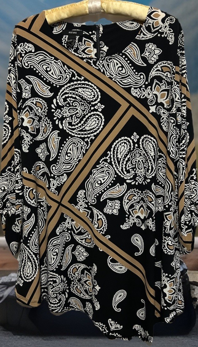 Alfani Top L Black Gold Paisley Stretch Knit Sharkbite Hem Tunic Shirt Blouse