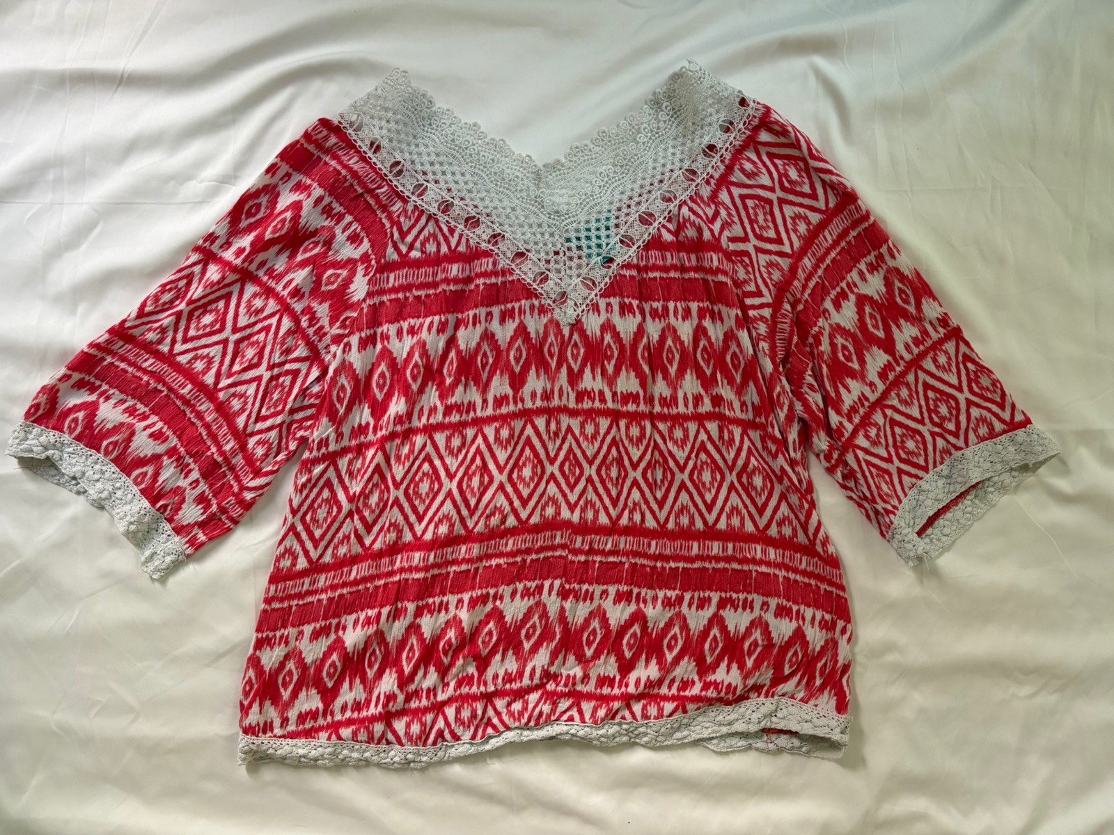 Boho Blouse With Off White Embroidery & Crochet Trim Size 3XL Festival Chic