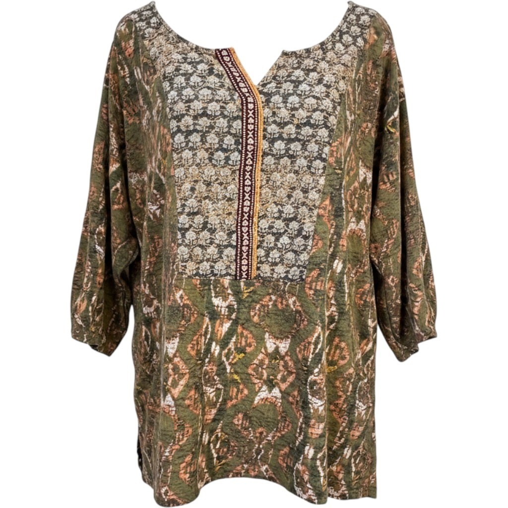 Denim 24/7 Women 3X Tunic Top Olive Green Mixed Print Boho Split Neck 30/32