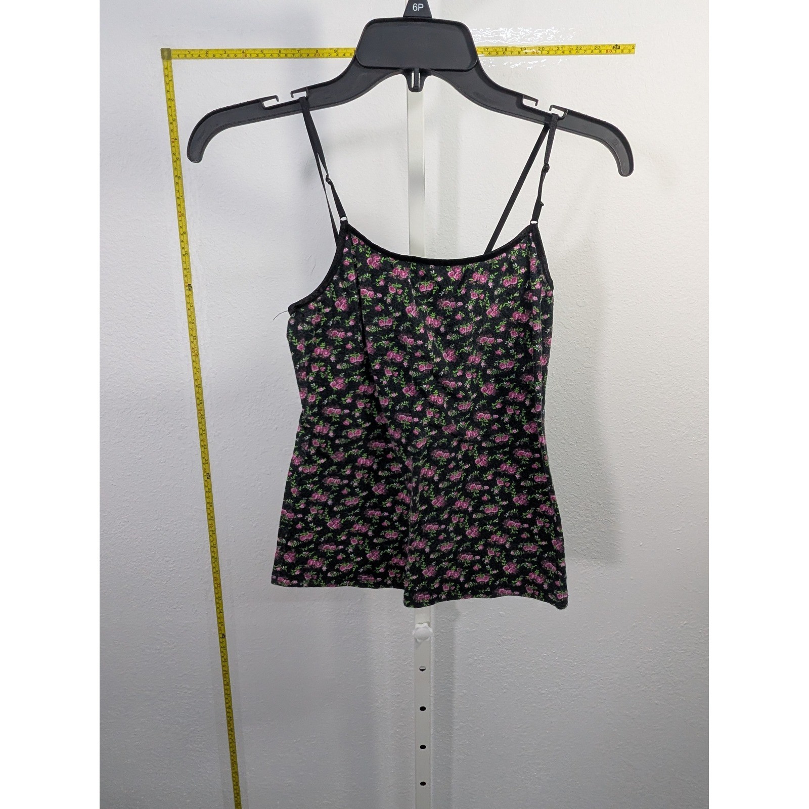 Ambiance Apparel Womens Black Pink Ditsy Floral Cami Top Adjustable Strap Medium