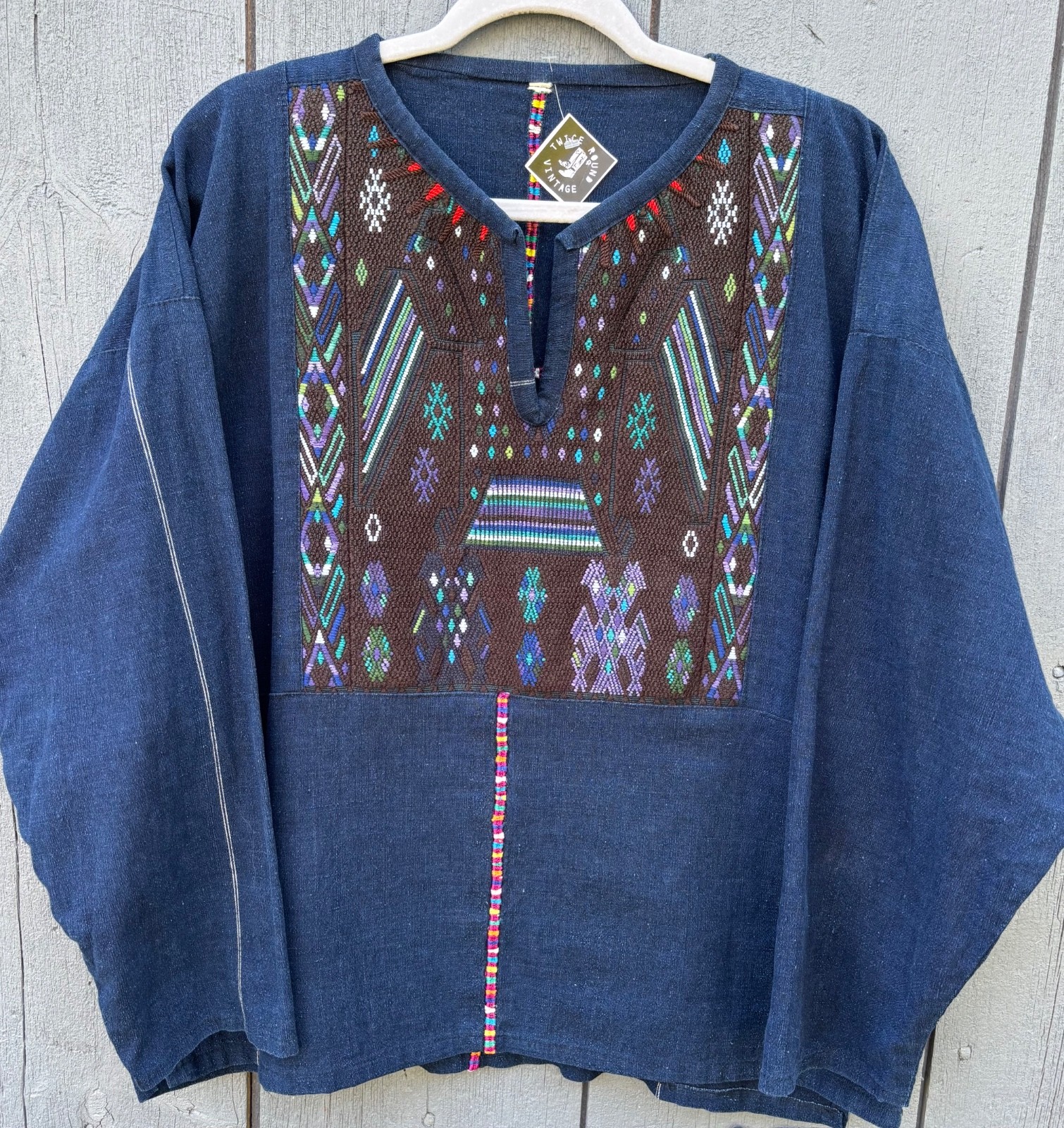 Handmade Hippie Blouse (XL~50”) Shirt Top Boho Style Blue L/S 100% Cotton Denim