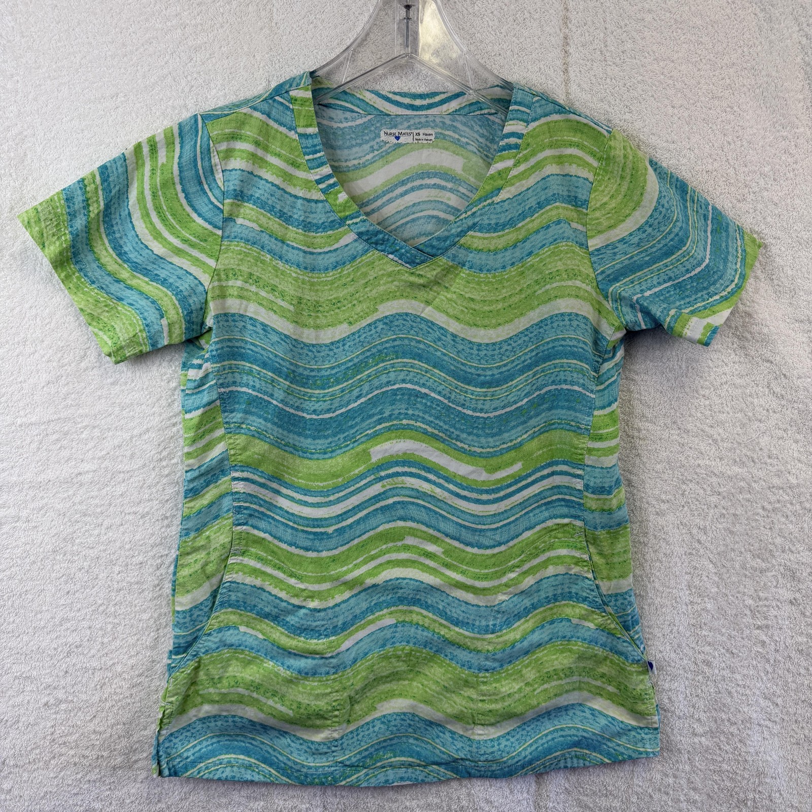 Nurse Mates Shirt Womens XS Blue Green V Neck Short Sleeve Scrub Tunic Top