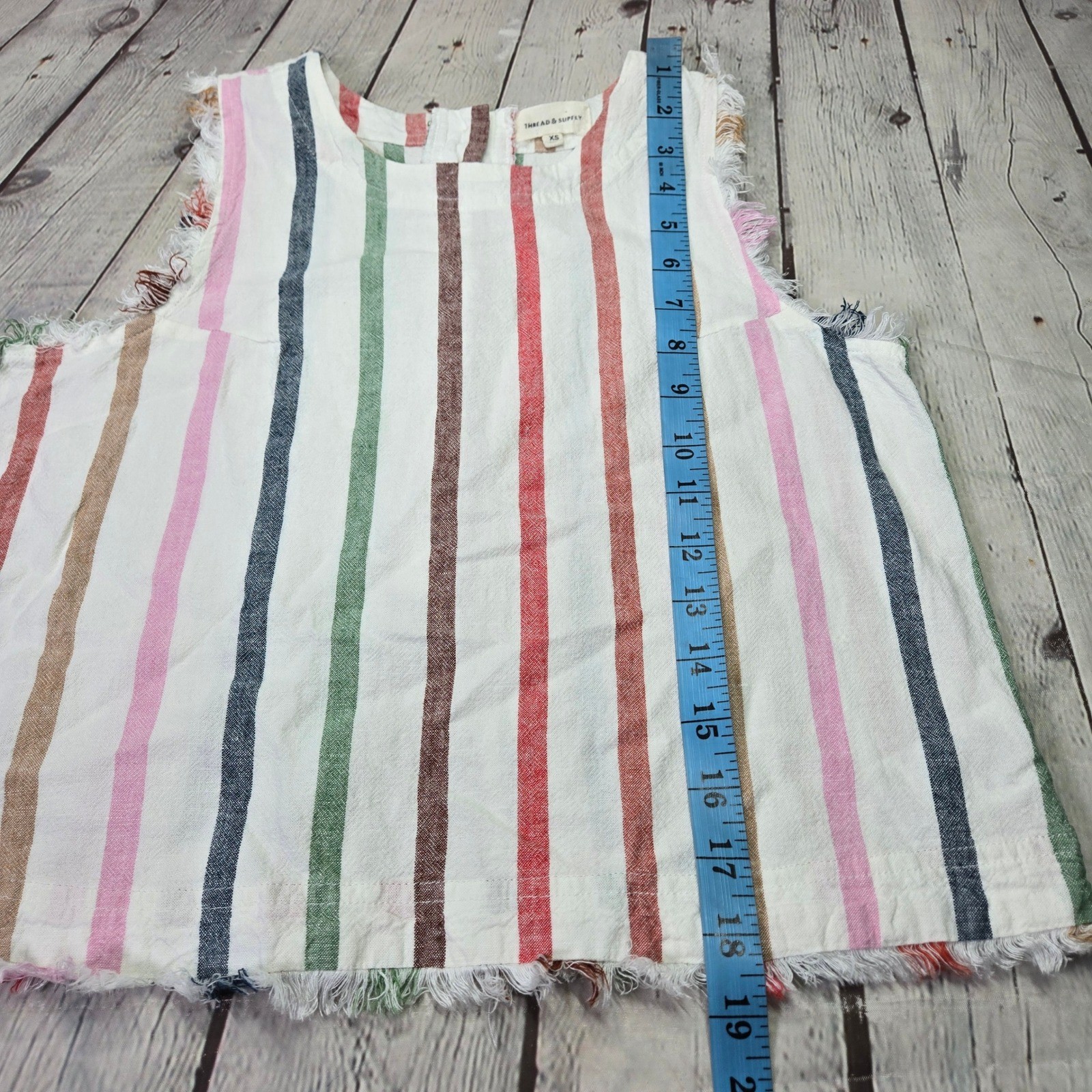 Thread & Supply Rainbow Striped Linen Blend Tank Top Frayed Hem XS T2195LRVM