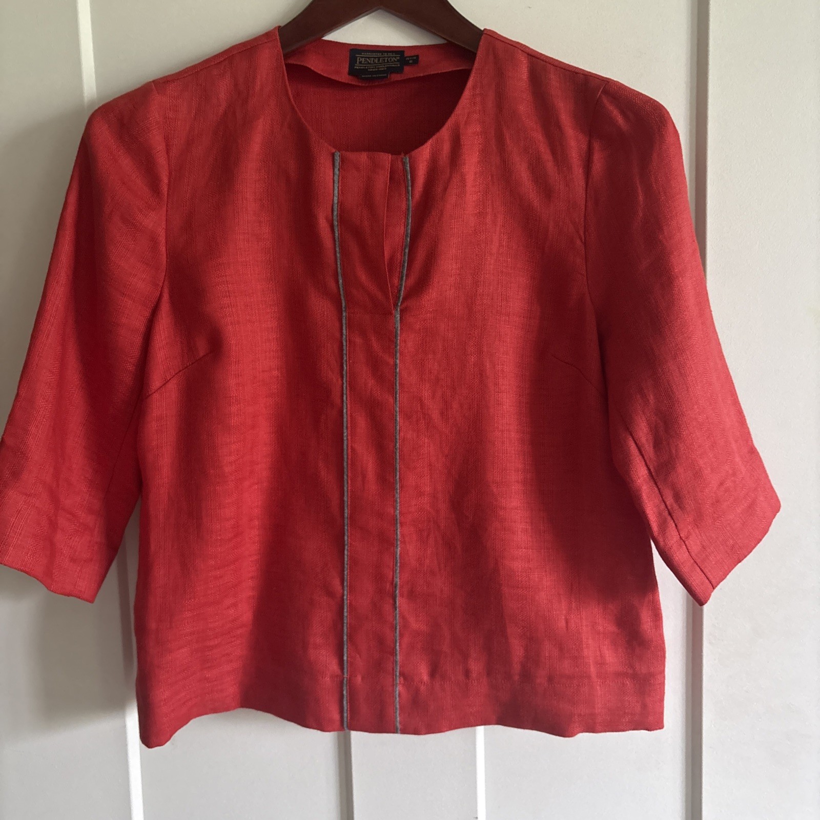 Pendleton Women’s 8P Red Linen Shirt With Gray Cord Trim 3/4 Sleeve NWOT