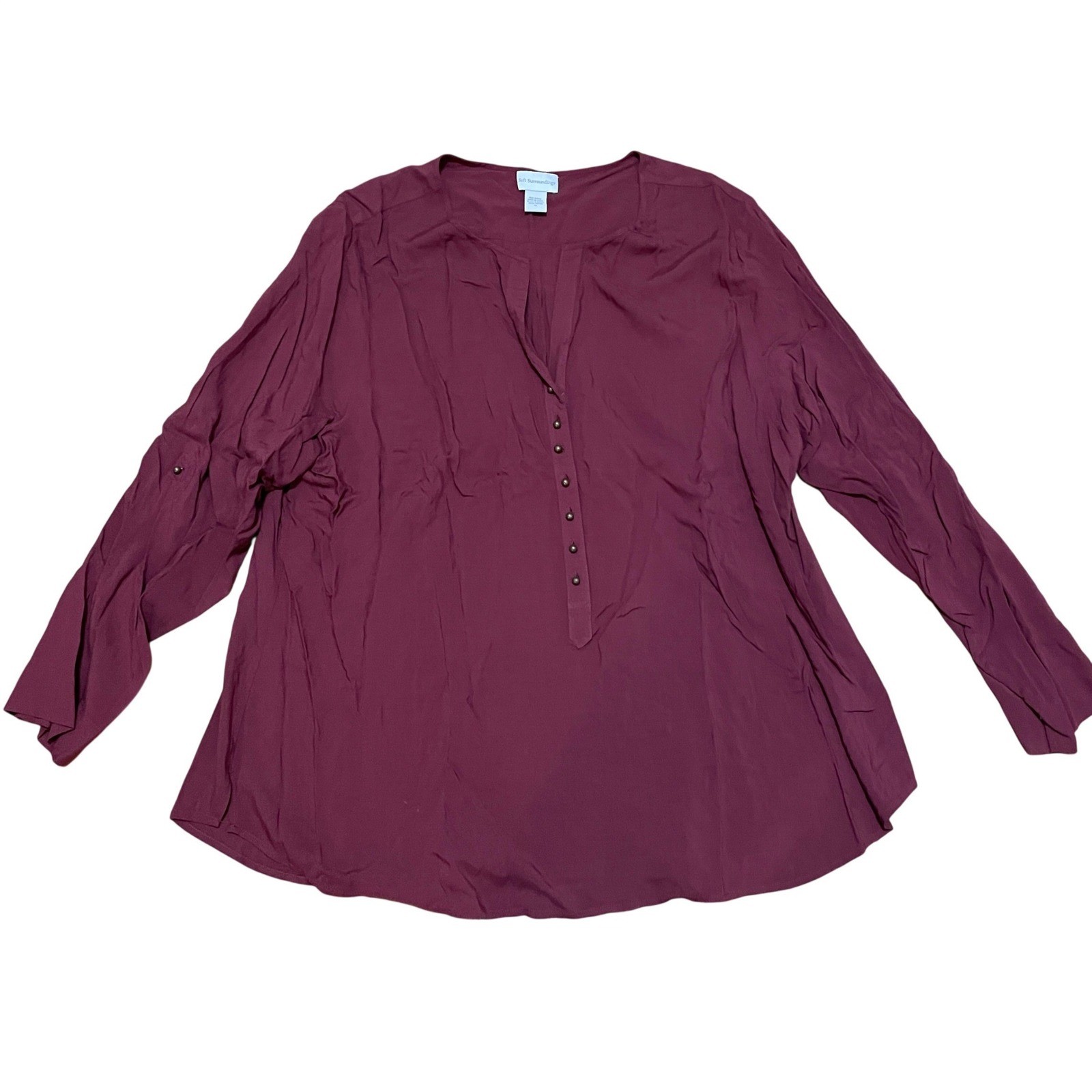Soft Surroundings Burgundy Roll Tab Sleeve V Neck Blouse Tunic 3X Wine Red Top