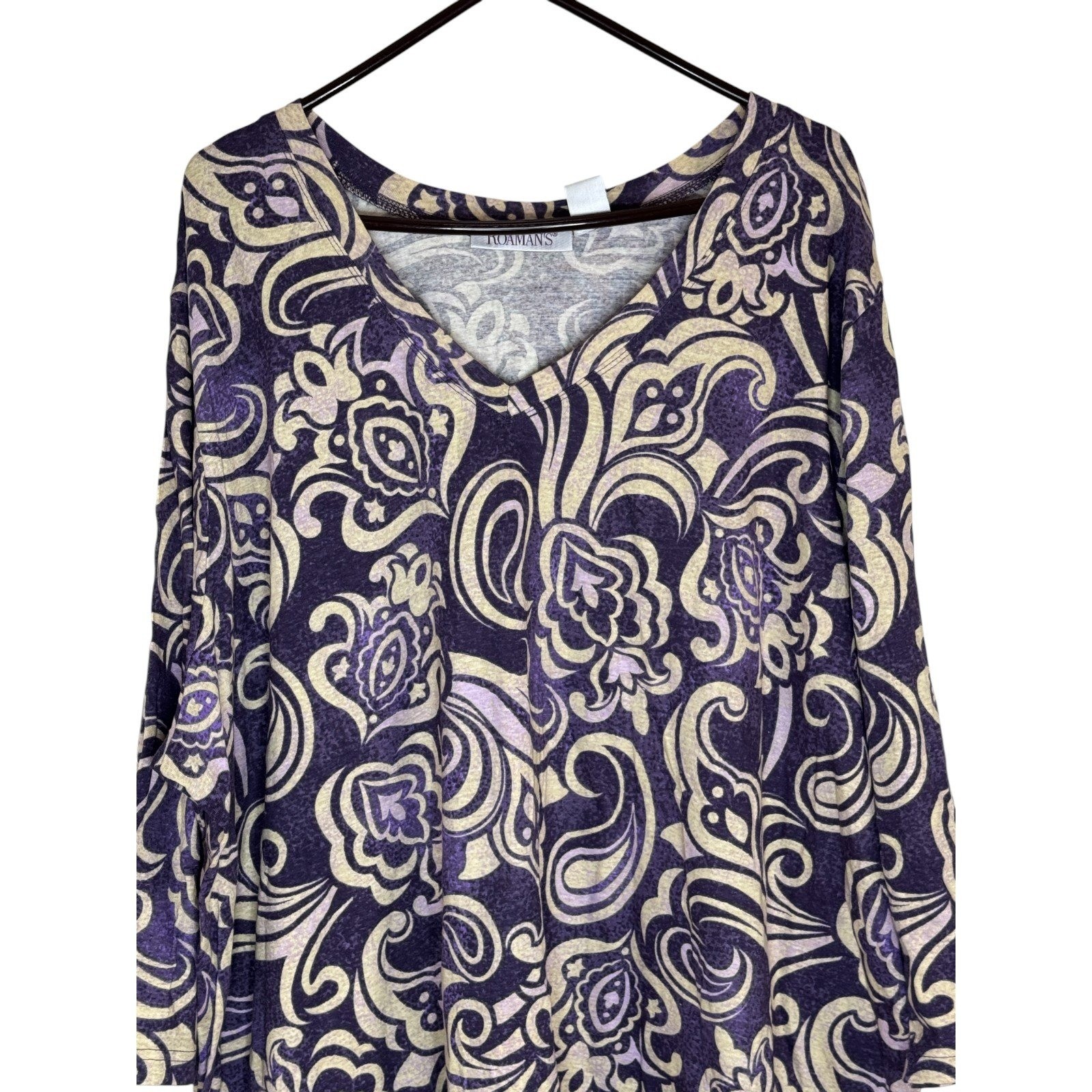 d&co Signature Womens Long Sleeve V Neck Paisley Print Tunic Top Purple Tan M