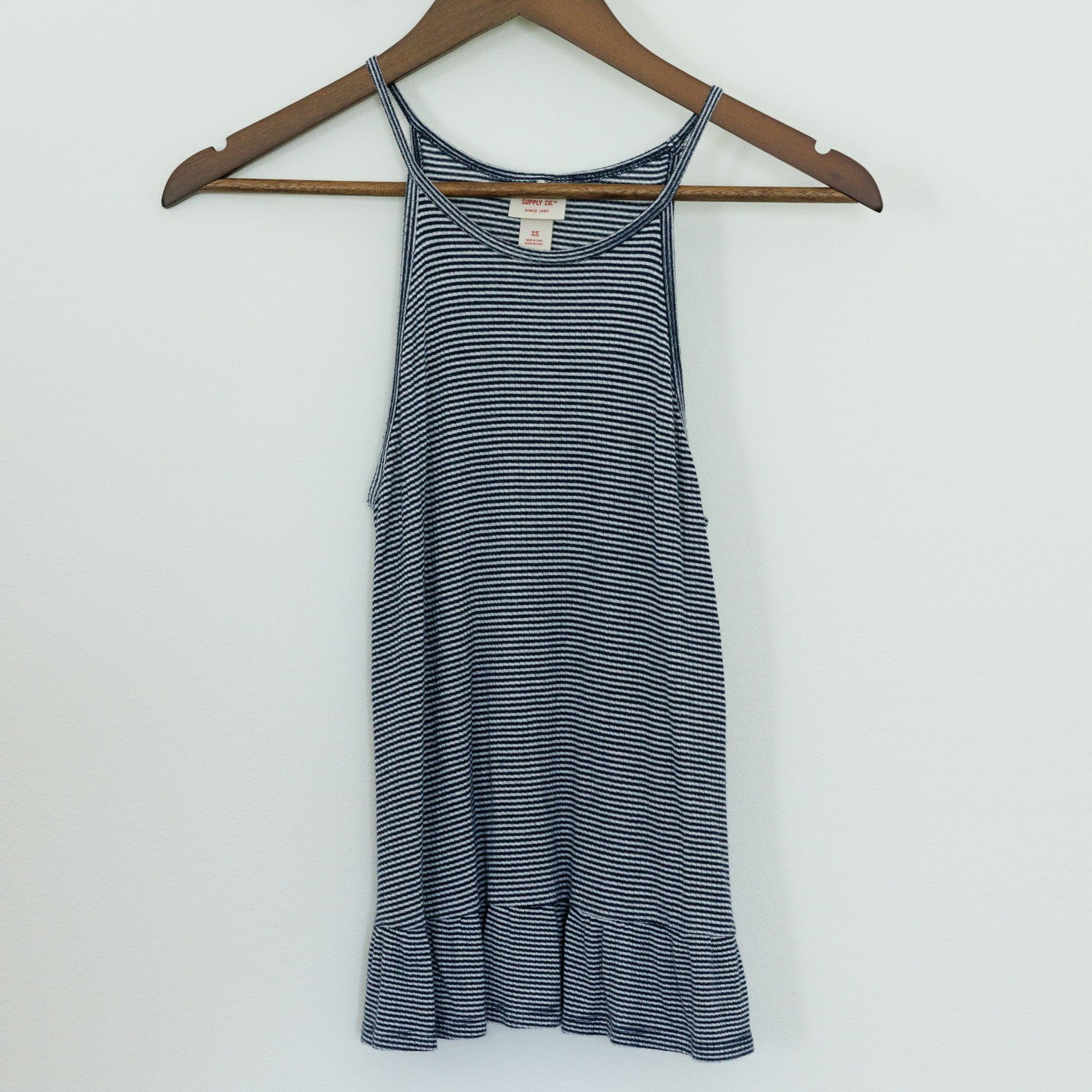 Mossimo Supply Co Womens XS Navy Blue White Striped High Neck Peplum Tank Top