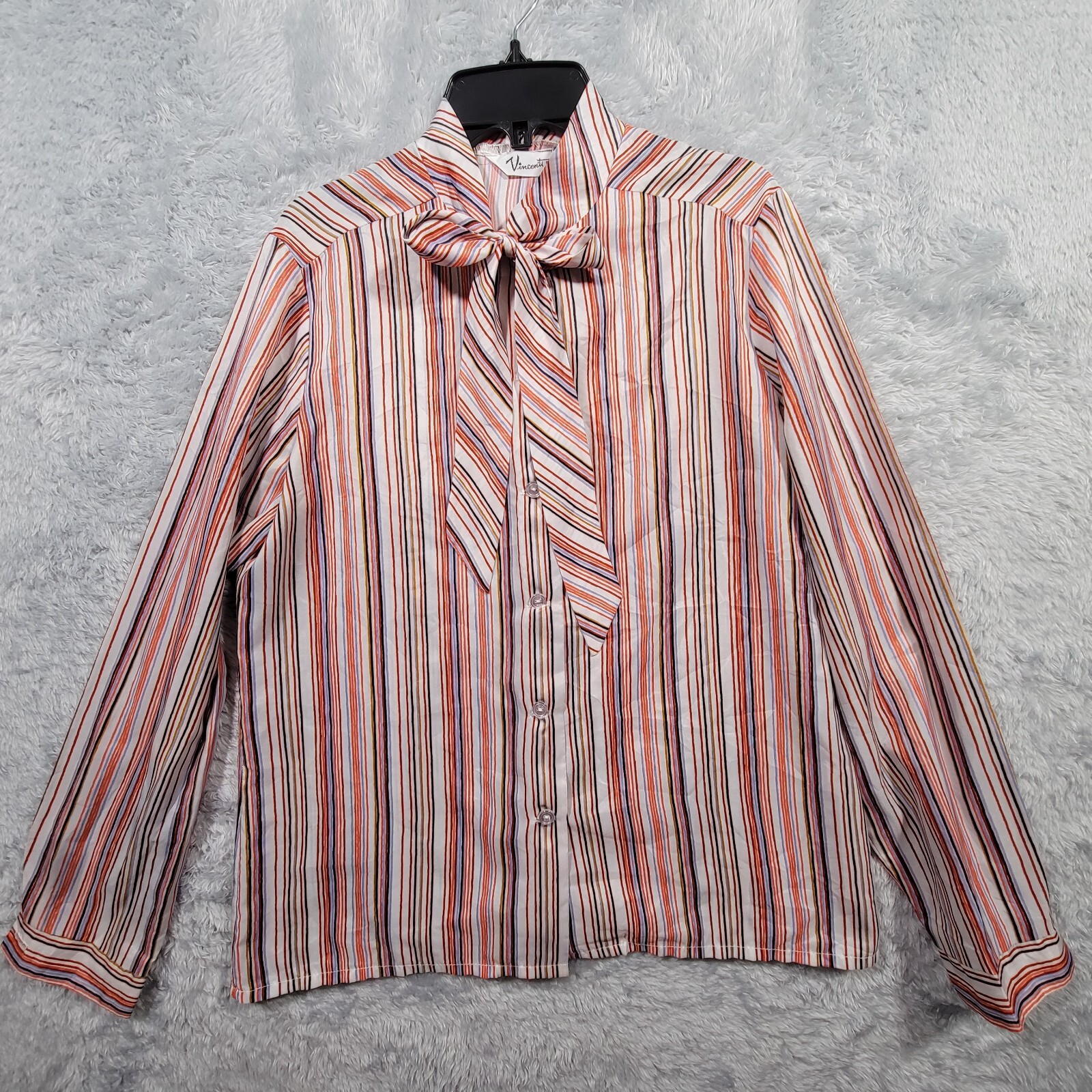 Vincenti Shirt Womens Orange Striped Button Up Long Sleeve Neck Tie Bow