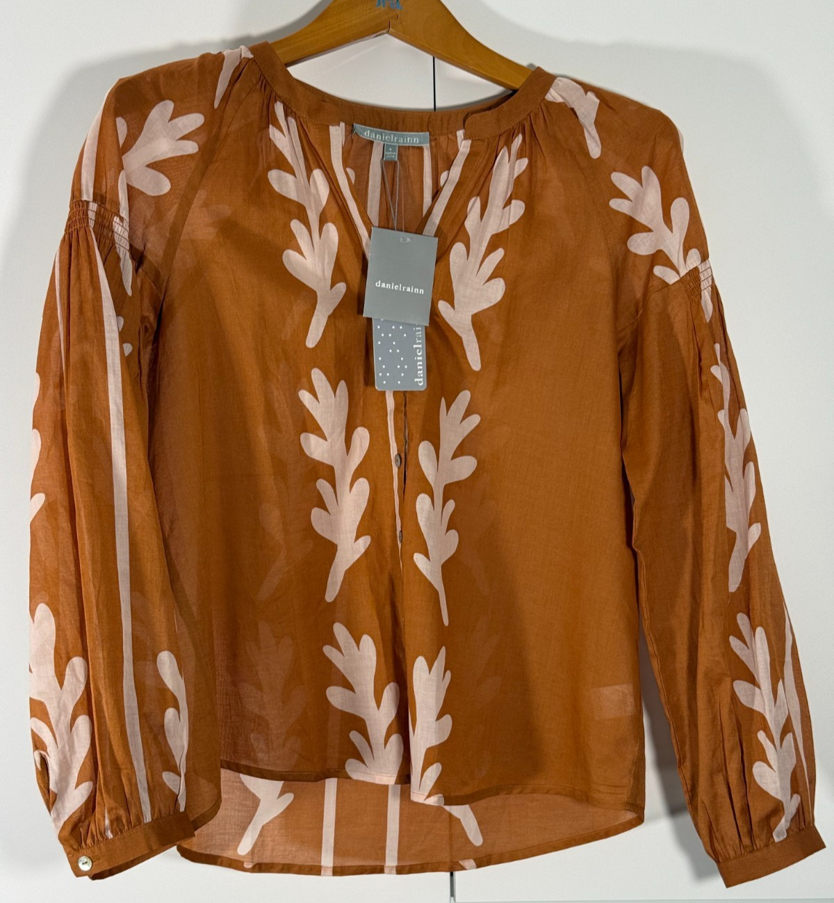 Daniel Rainn Womens S Brown Cream Leaf Print 100% Cotton Boho Blouse NWT
