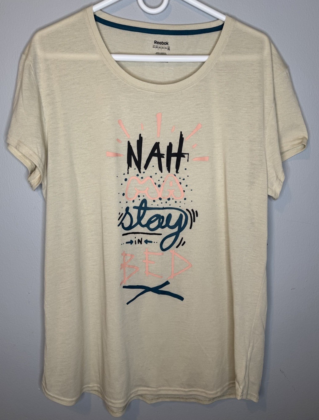 Women’s Reebok Tshirt 2XL Namaste In Bed Funny Lightweight Beige