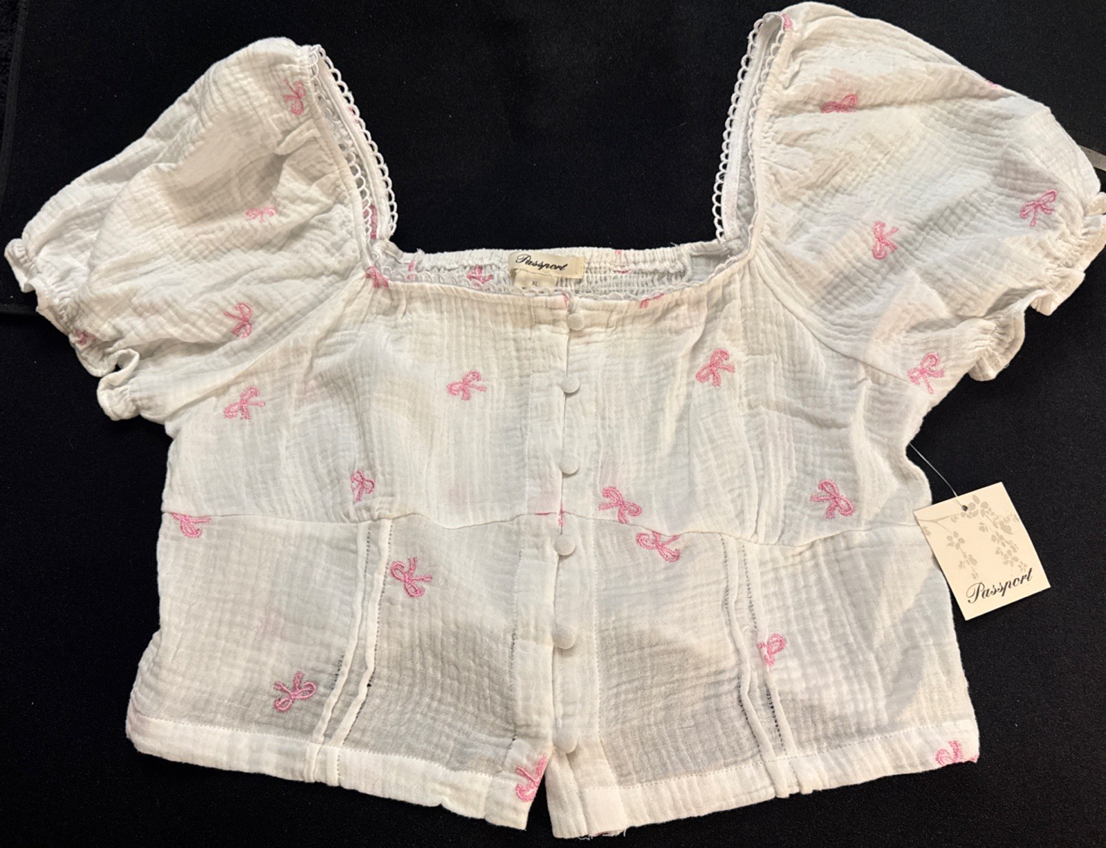 Puff Sleeve Cotton Blouse XL NWT Pink Embroidered Bow Top Cottagecore~Passport
