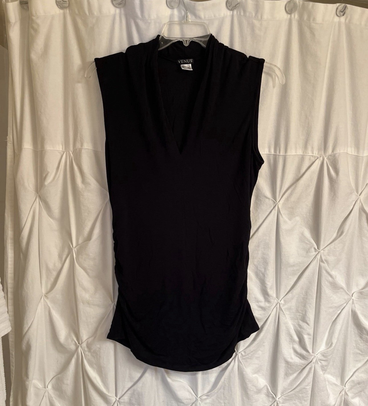 VENUS Women’s XL Knit Tank Top Sleeveless V-Neck Ruched Stretch Black Solid