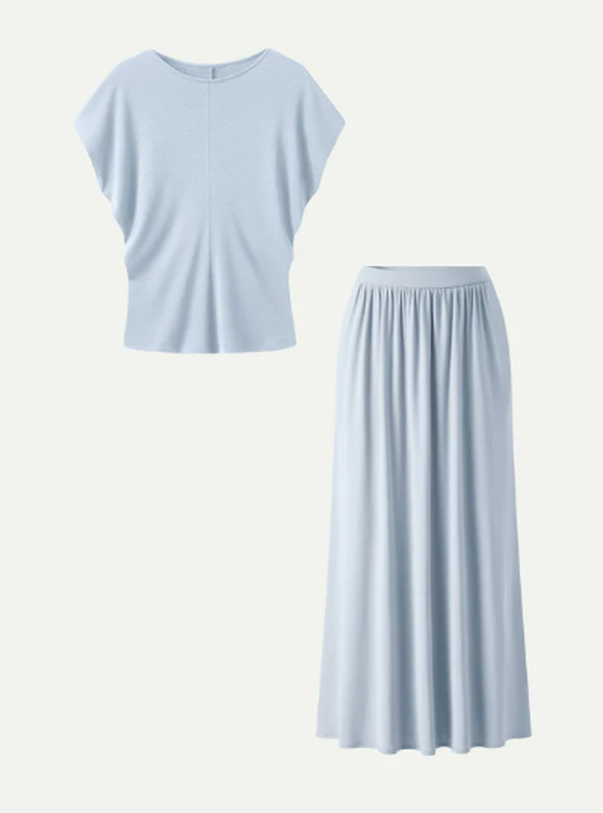 OGL 2Pcs Set Round Neck Top & A-Line Maxi Skirt