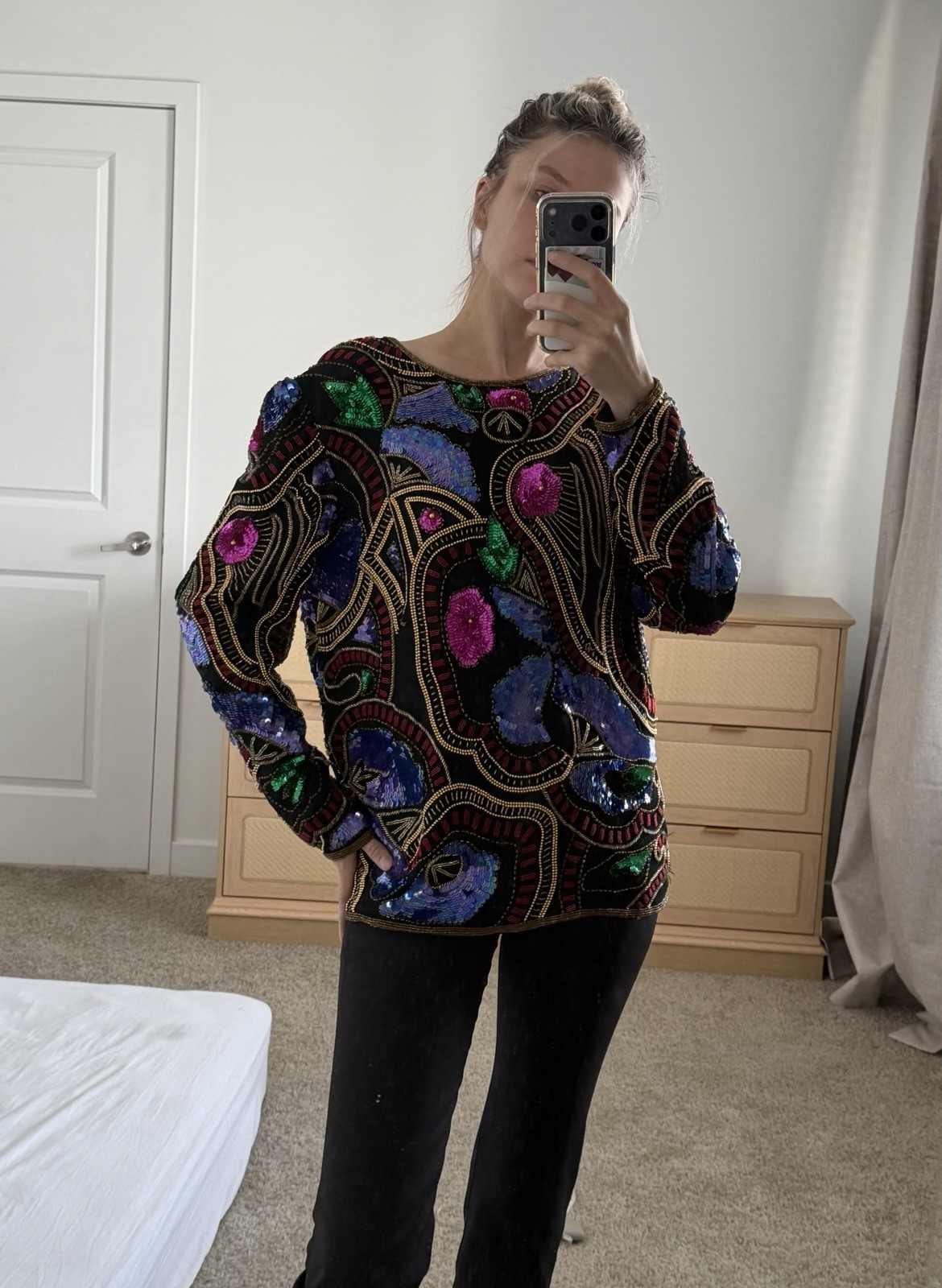Vintage Joan Leslie Evenings 100% Silk Beaded Sequin Blouse Art Deco Top L