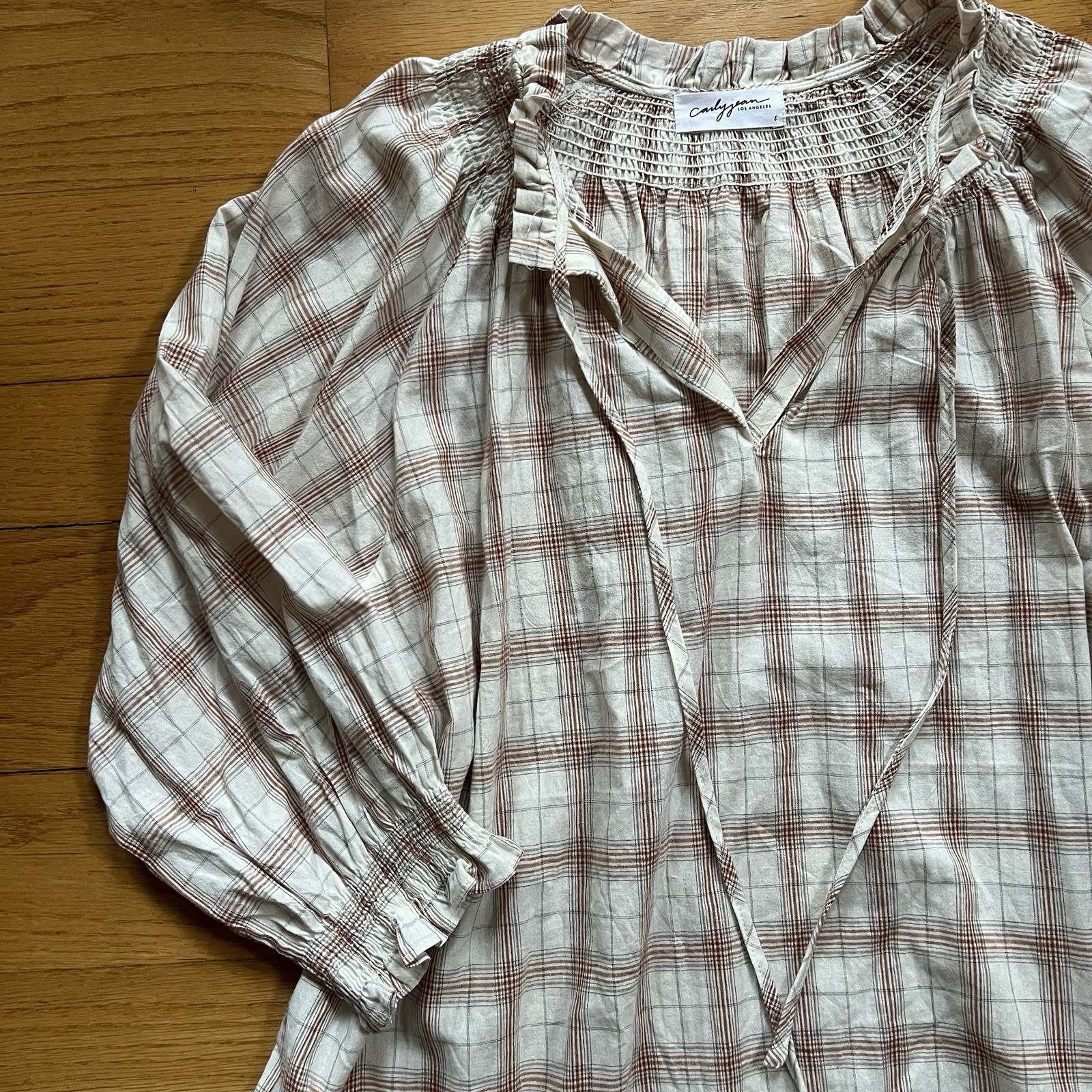 Carly Jean Los Angeles Plaid Ruffle Cotton Balloon Sleeve Blouse