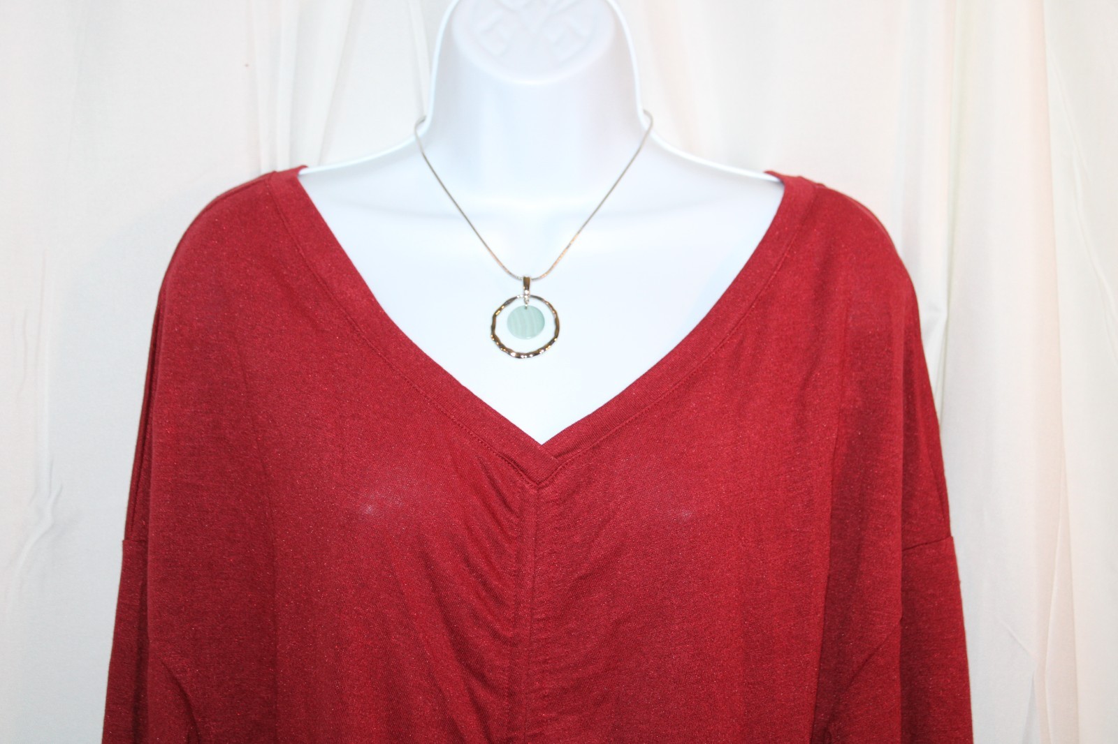Metallic Deep Red Long Sleeve Ruche Front V-Neck Stretch Blouse – Size L