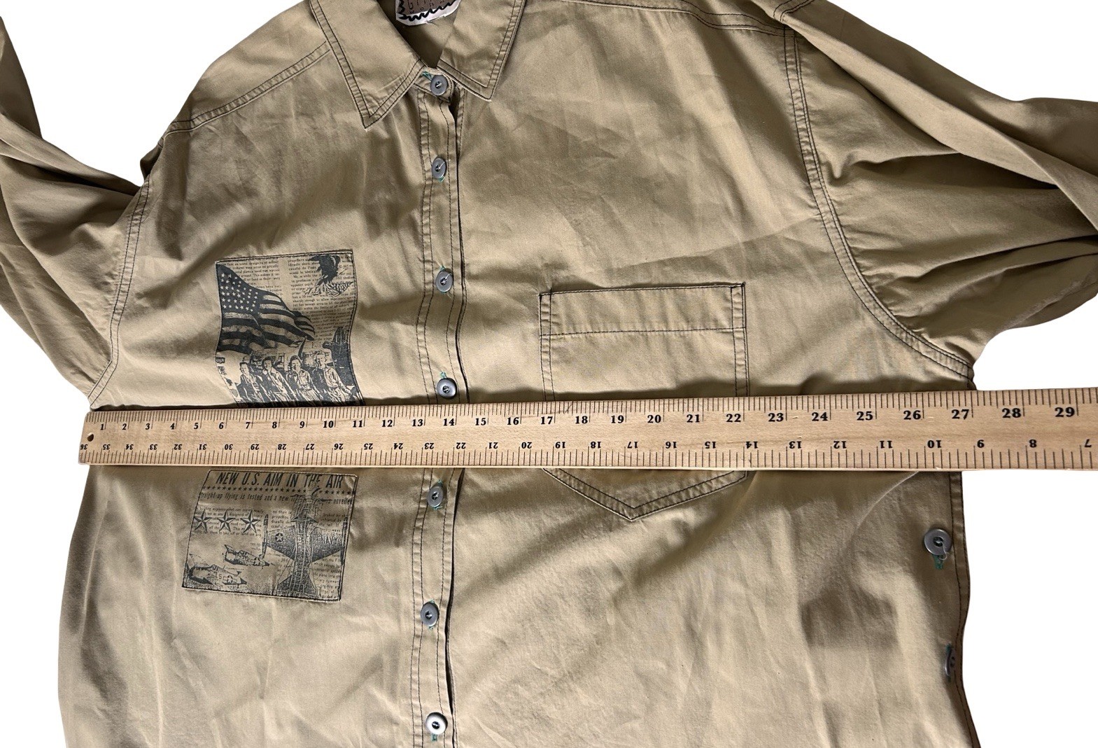 Gitano Graphic Army Print Button Up Shirt Jacket Sz XL Khaki Deconstructed READ