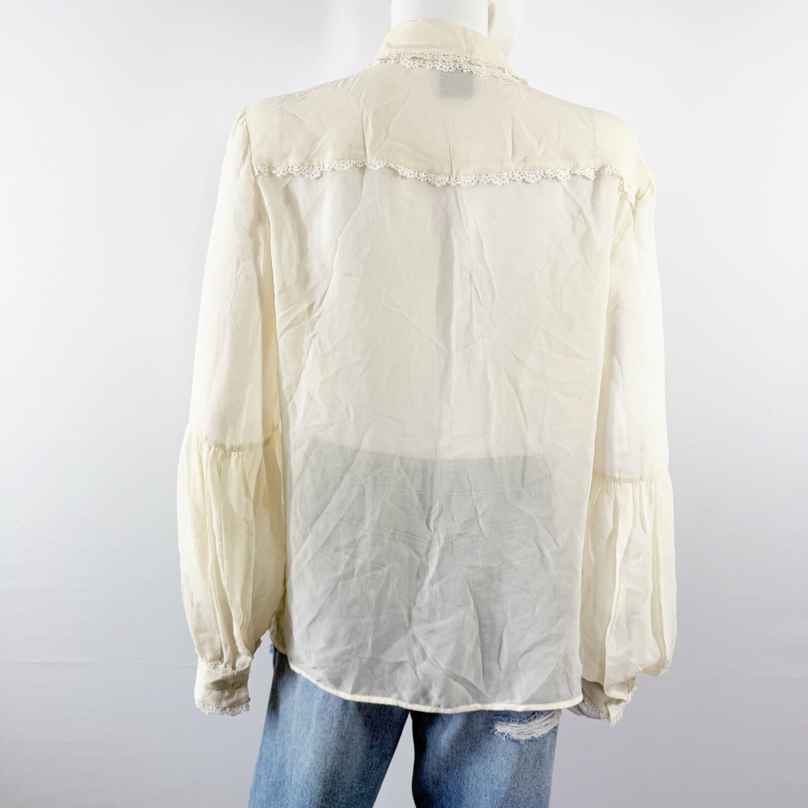 Pinko Ivory Sheer Silk Long Sleeve Blouse Crochet Lace Hem Womens 8