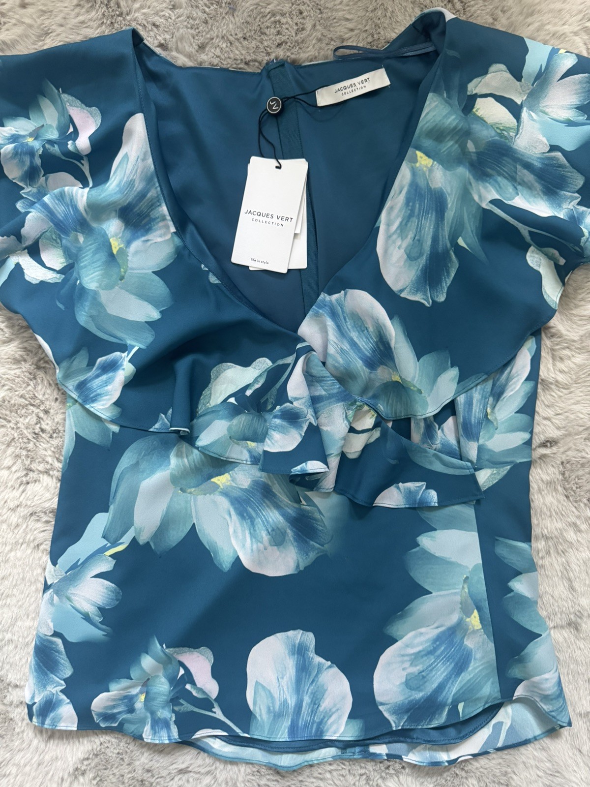 Jacques Vert Floral Top NWT Size 12 Teal Blue Ruffle V-Neck Smart Wedding Guest