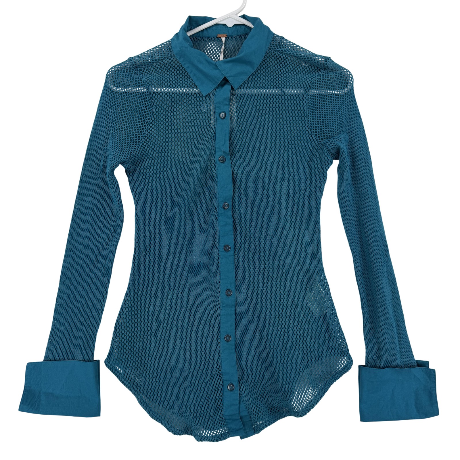 Free People Shirt Womens Small Blue Teal Mesh Button Front Sheer Top NWT