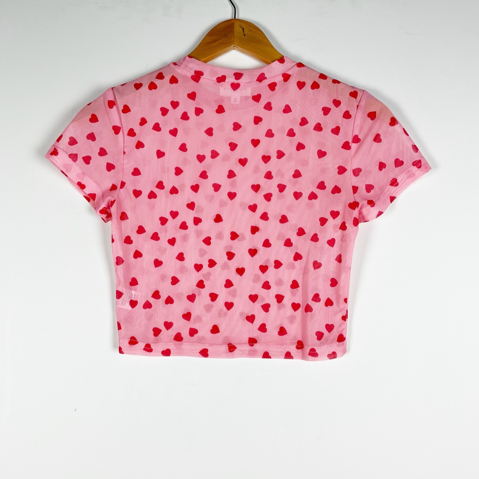 Superdown Tania Semi Sheer Mesh Cropped Short Sleeve Pink Heart Print Shirt S