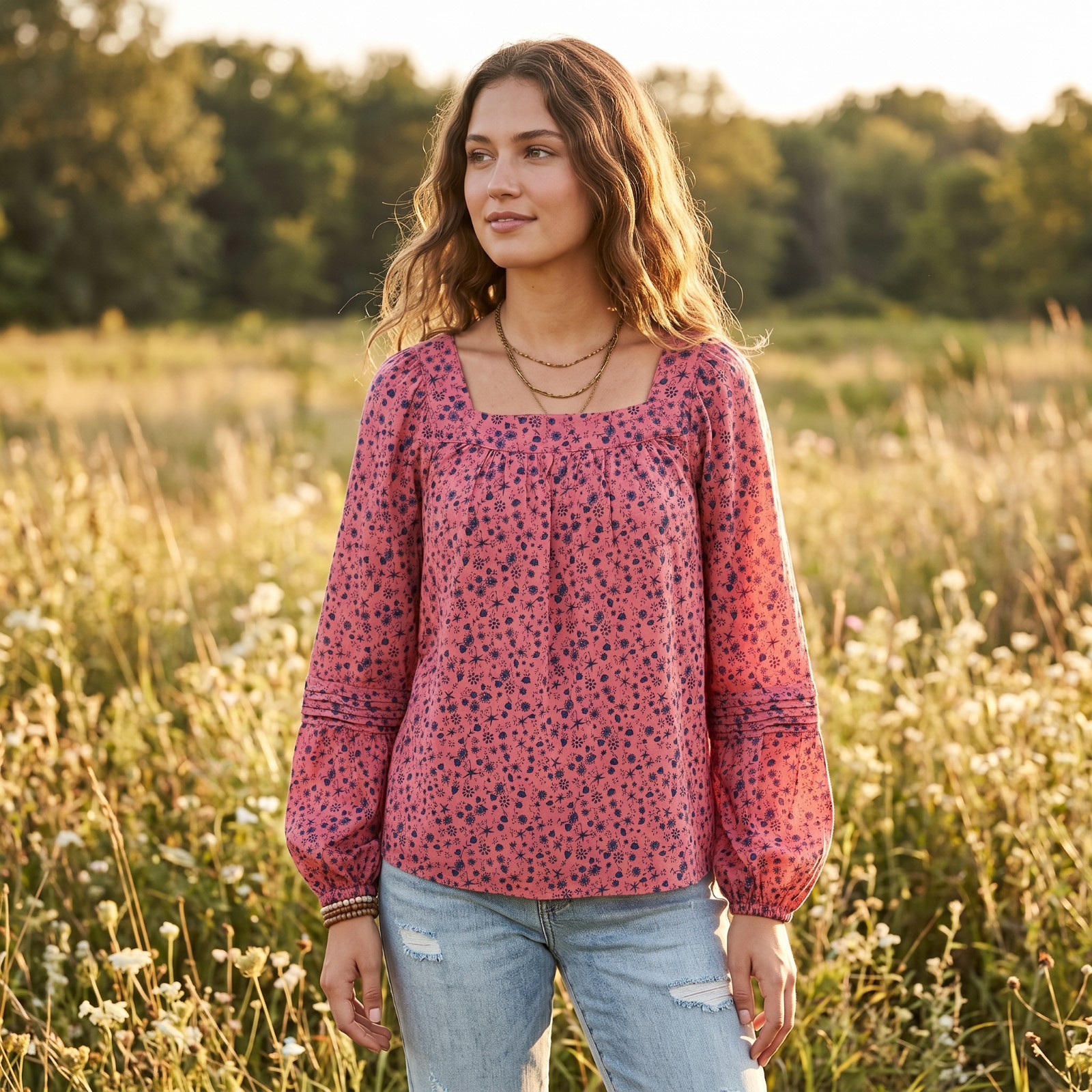 LC Lauren Conrad Boho Top M Pink Floral LS Square Neck Pintuck Cottage Romantic