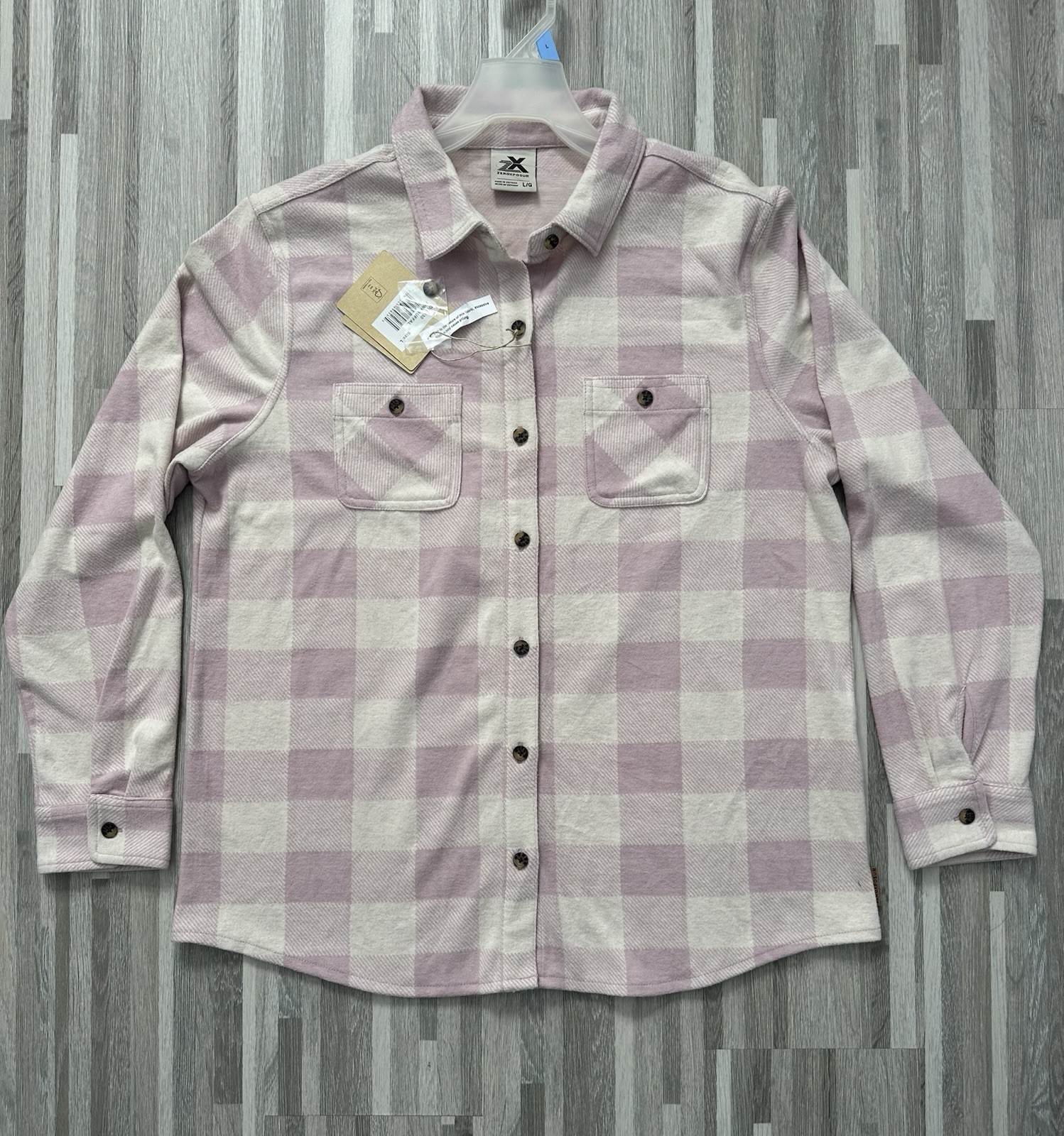 ZeroXposur women’s plaid knit shirt, pink, Size L/G