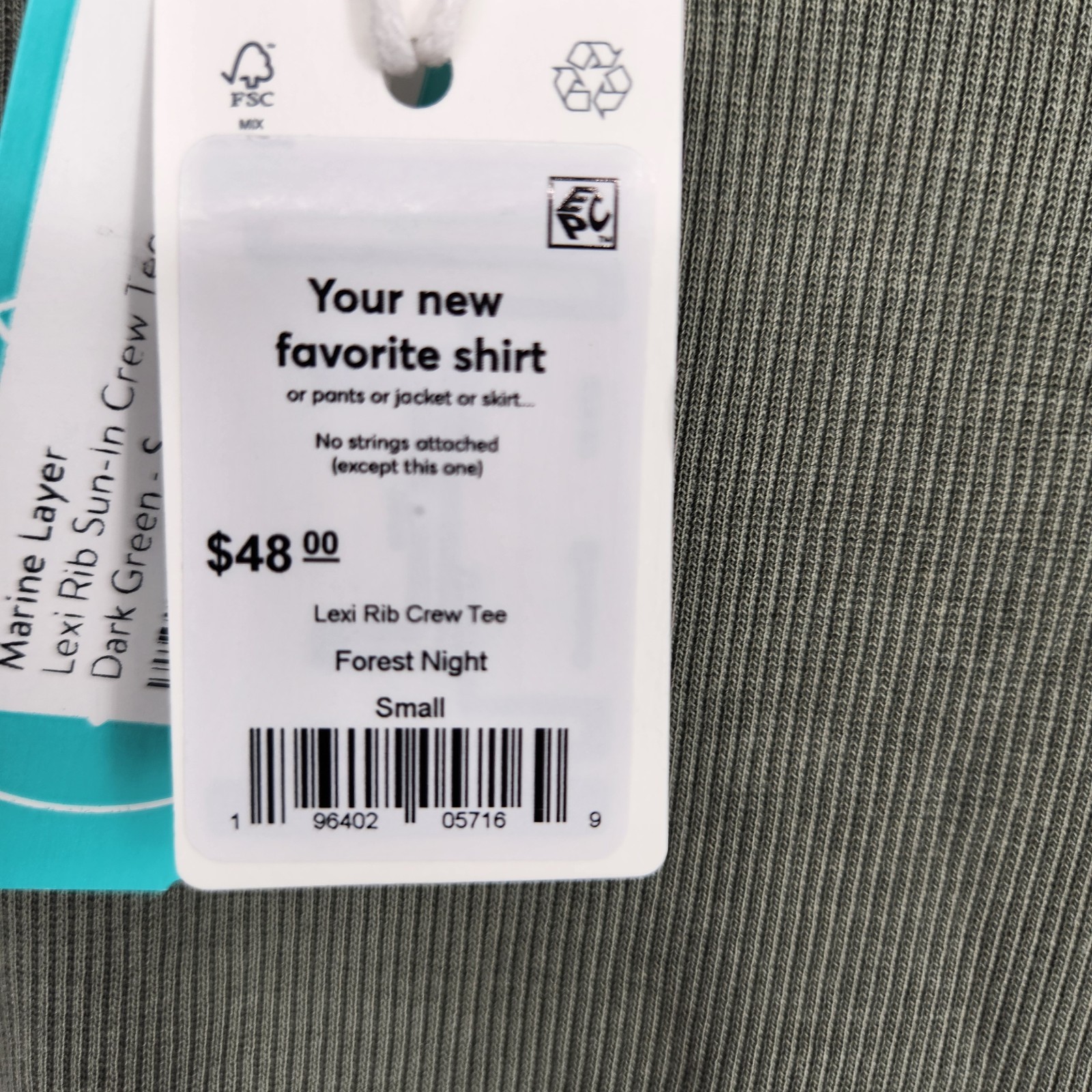 Marine Layer Dark Green Small Lexi Rib Sun In Crew Tee NWT