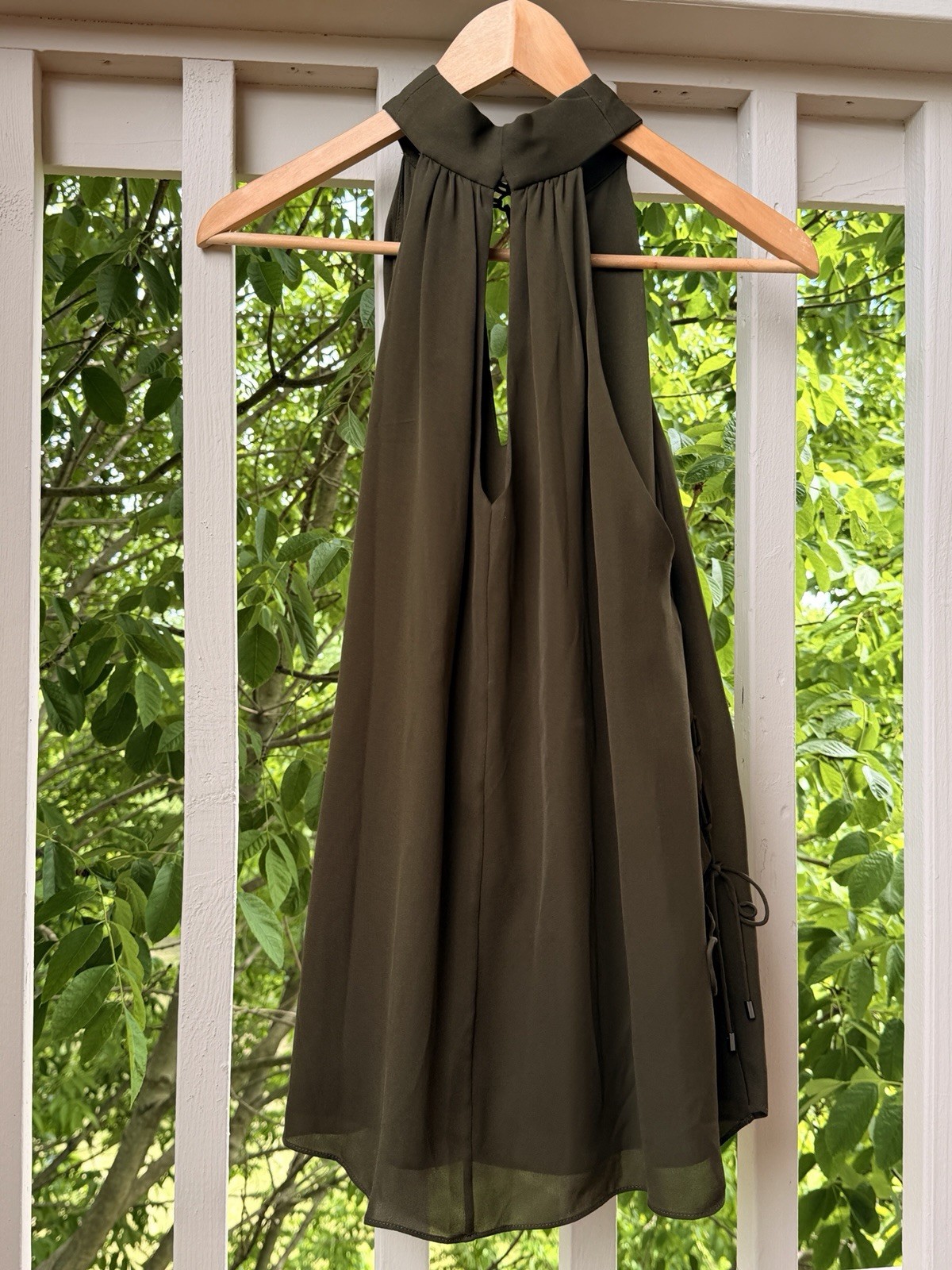 Haute Hippie 100% Silk Halter Tops Women Olive Green Med Slits Front Sides Lined