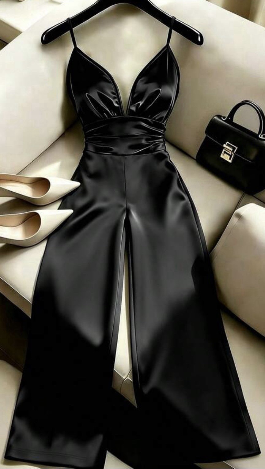 New XL Black Glossy Satin Deep V-Neck Long Wide Leg Jumpsuit One Piece Romper