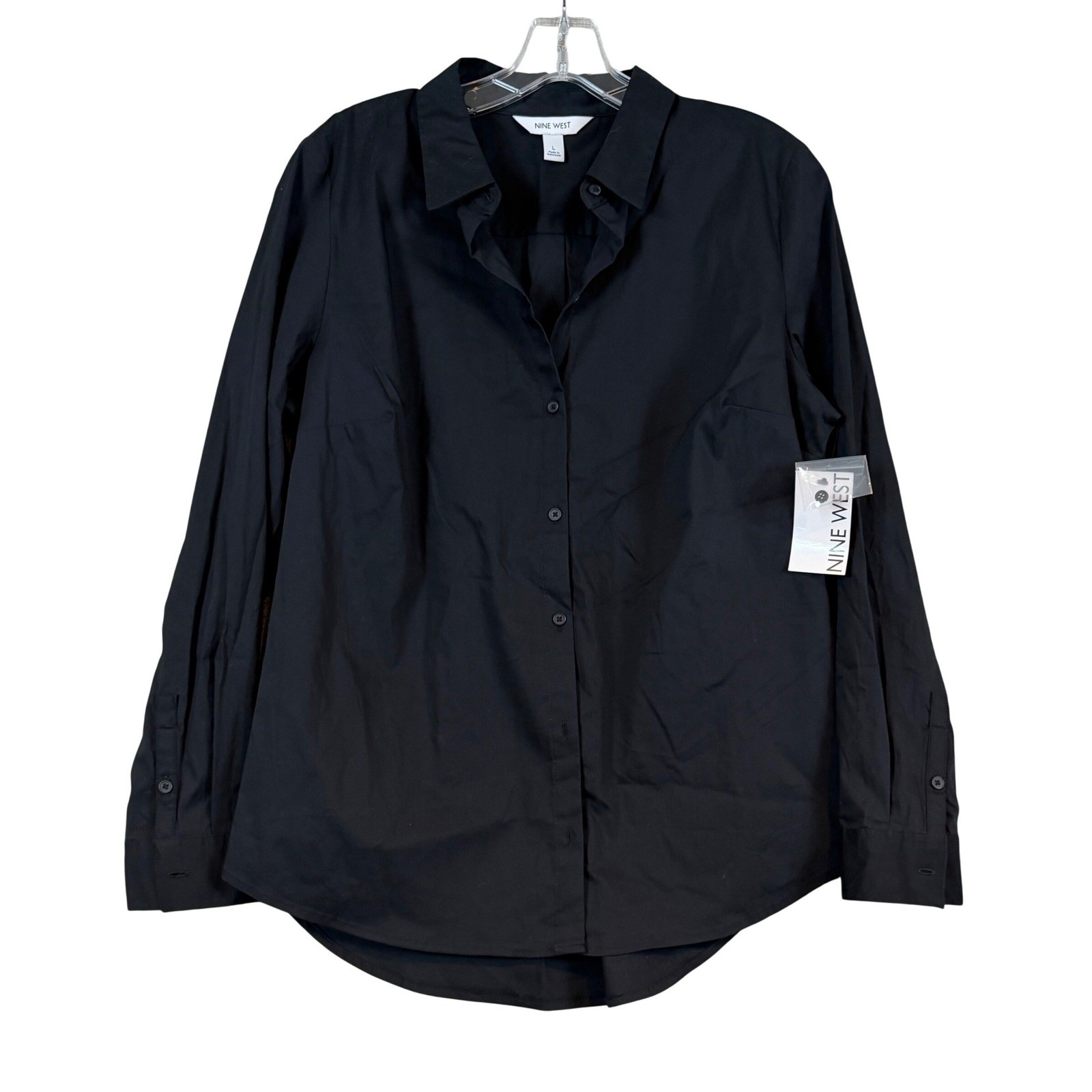 NWT Nine West Womens Black Long Sleeve Structured Button Down Shirt •L• Classic