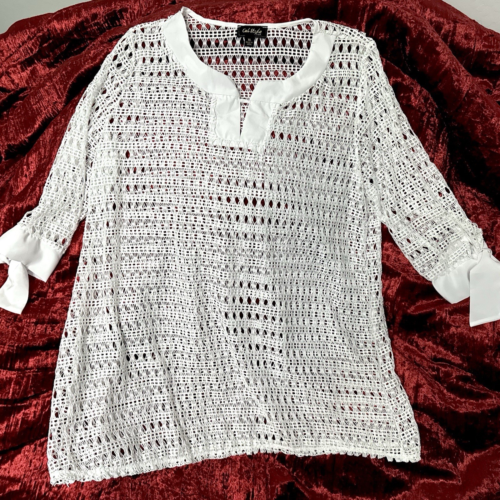 Cal Style XL White Crochet Lace Top Tie Sleeve Coastal Tunic Resort Chic Coverup