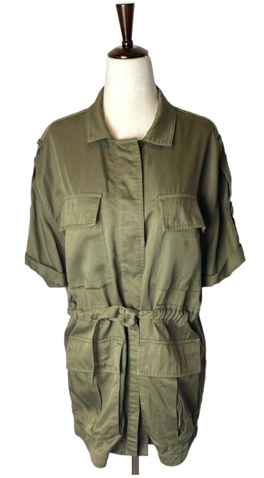 Forever 21 Shirt Women Small Olive Green Utility Button Front Tie Waist Shacket