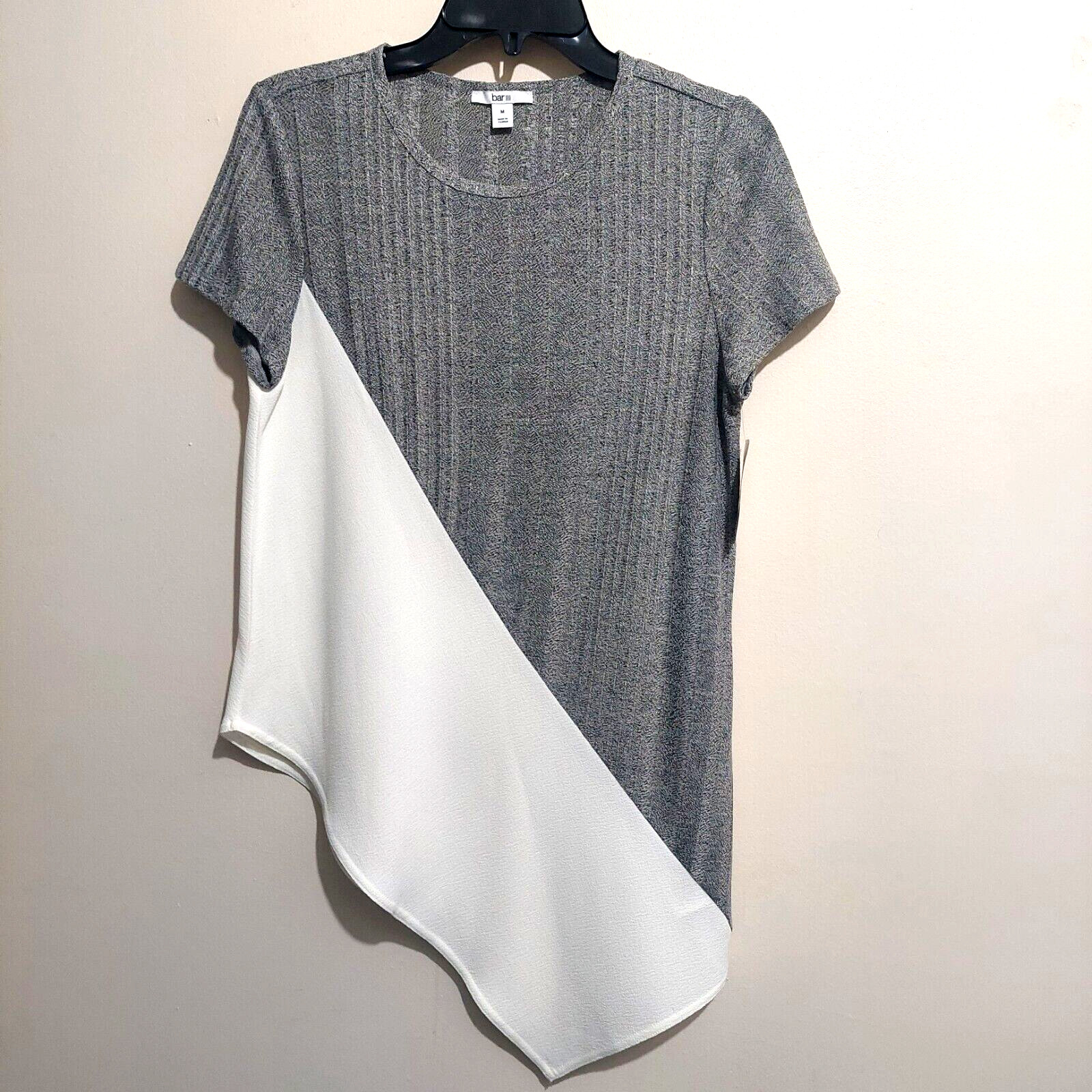 Bar III Womens Medium Pullover Top Asymmetrical Hem Gray White NEW Retail $49.50