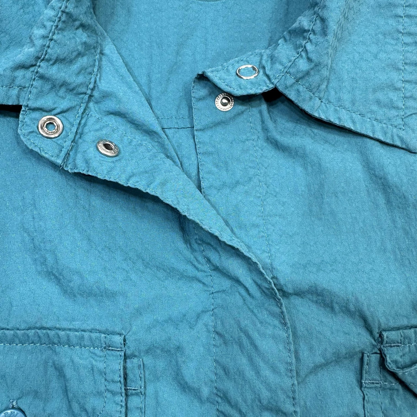 REI Shirt Womens Large Blue Green Long Sleeve Snap Front Hiking Outdoor UPF 30