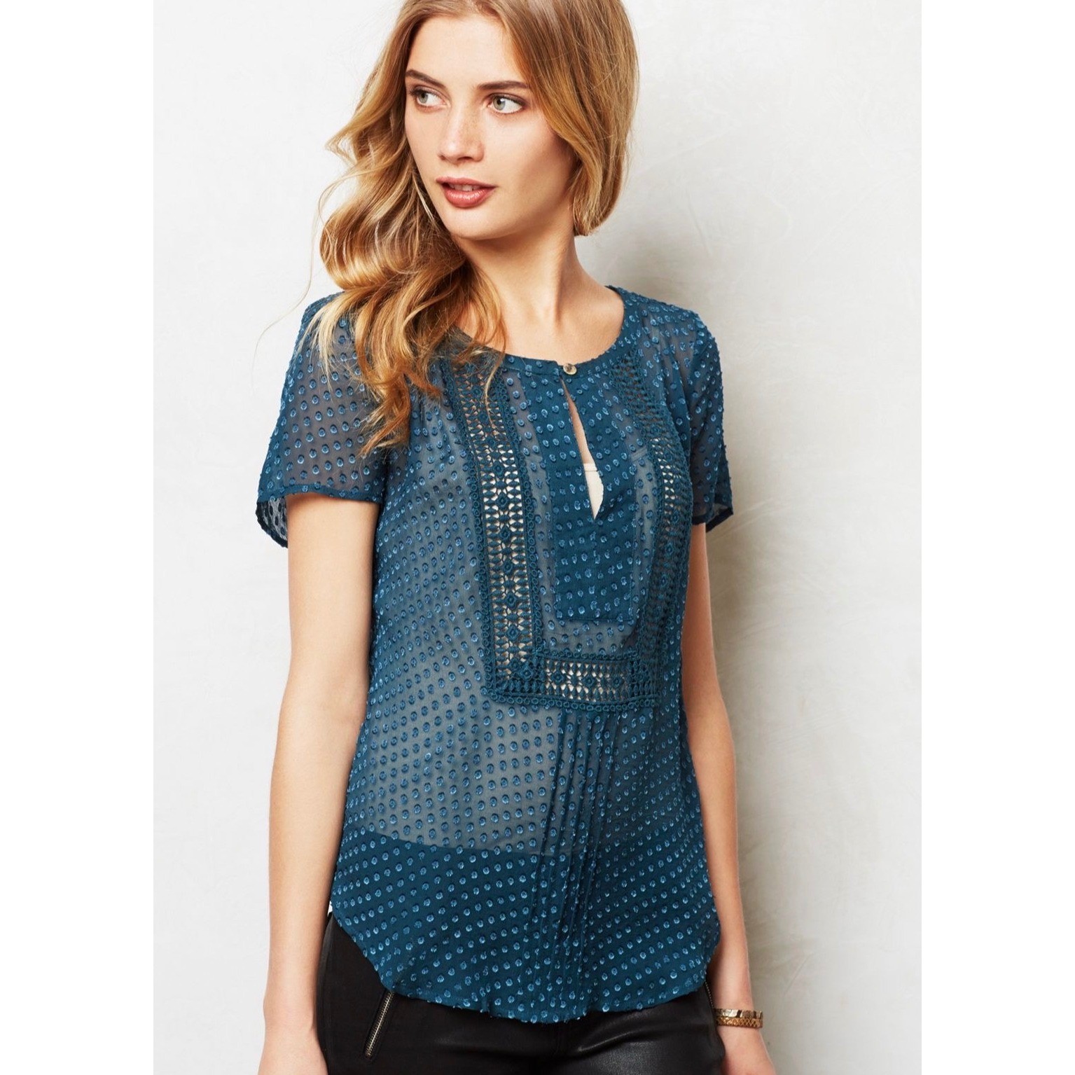 Meadow Rue Anthropologie Blouse Top Grassland NEW Dark Turquoise Blue Large