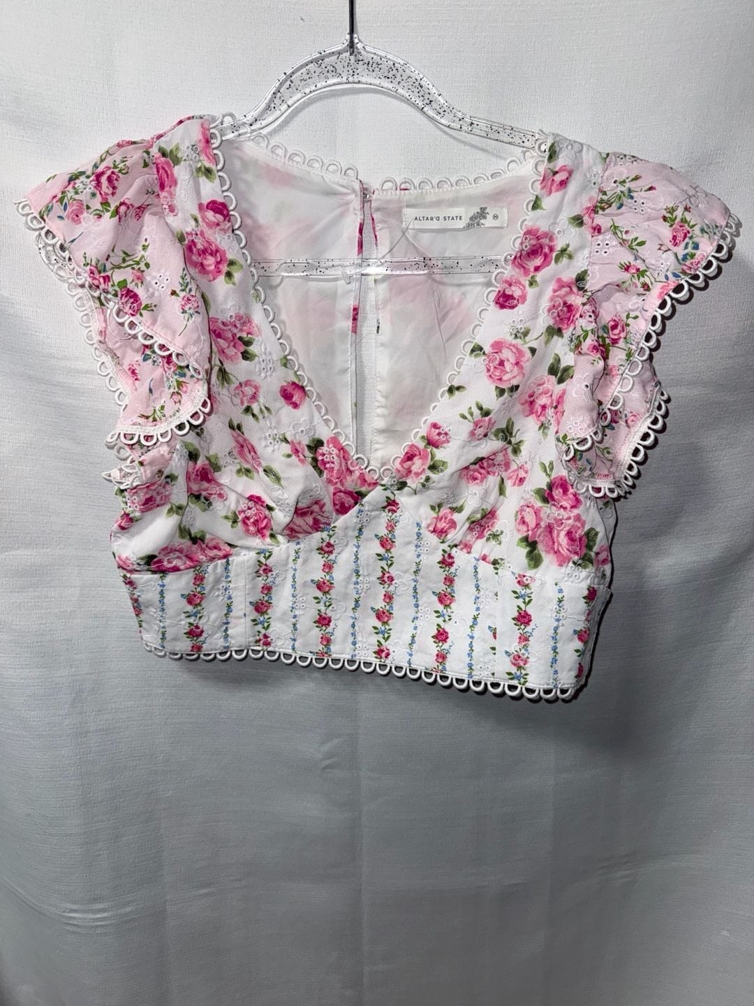 Altar’d State White and Pink Floral Eyelet Flutter Sleeve Crop Top