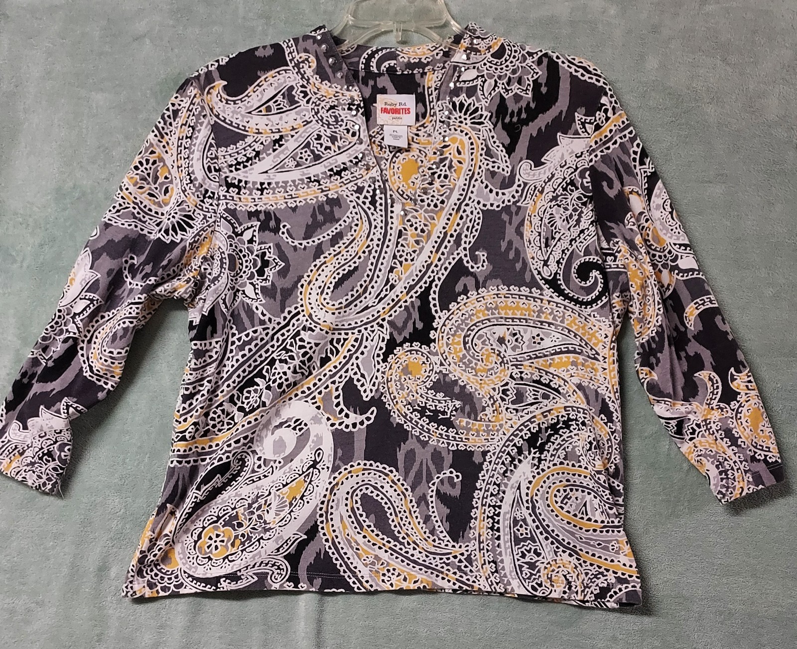 Ruby Rd. Favorites Sz PL Black, Gray, Gold & White Jeweled V-Neck 3/4 Sleeve Top