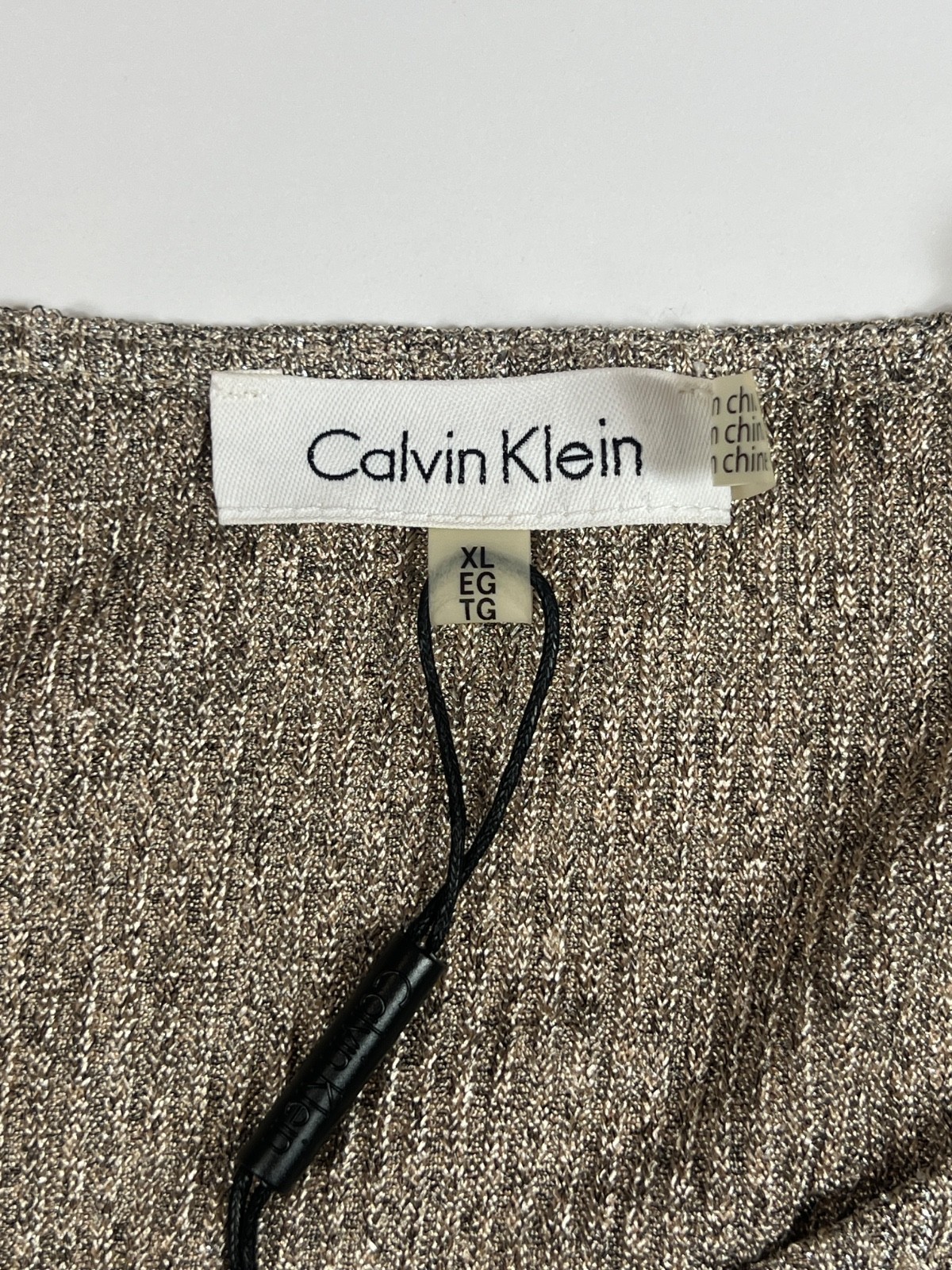 Calvin Klein Metallic Gold Shimmer Knit Top Side Ruched Blouse Womens Size XL