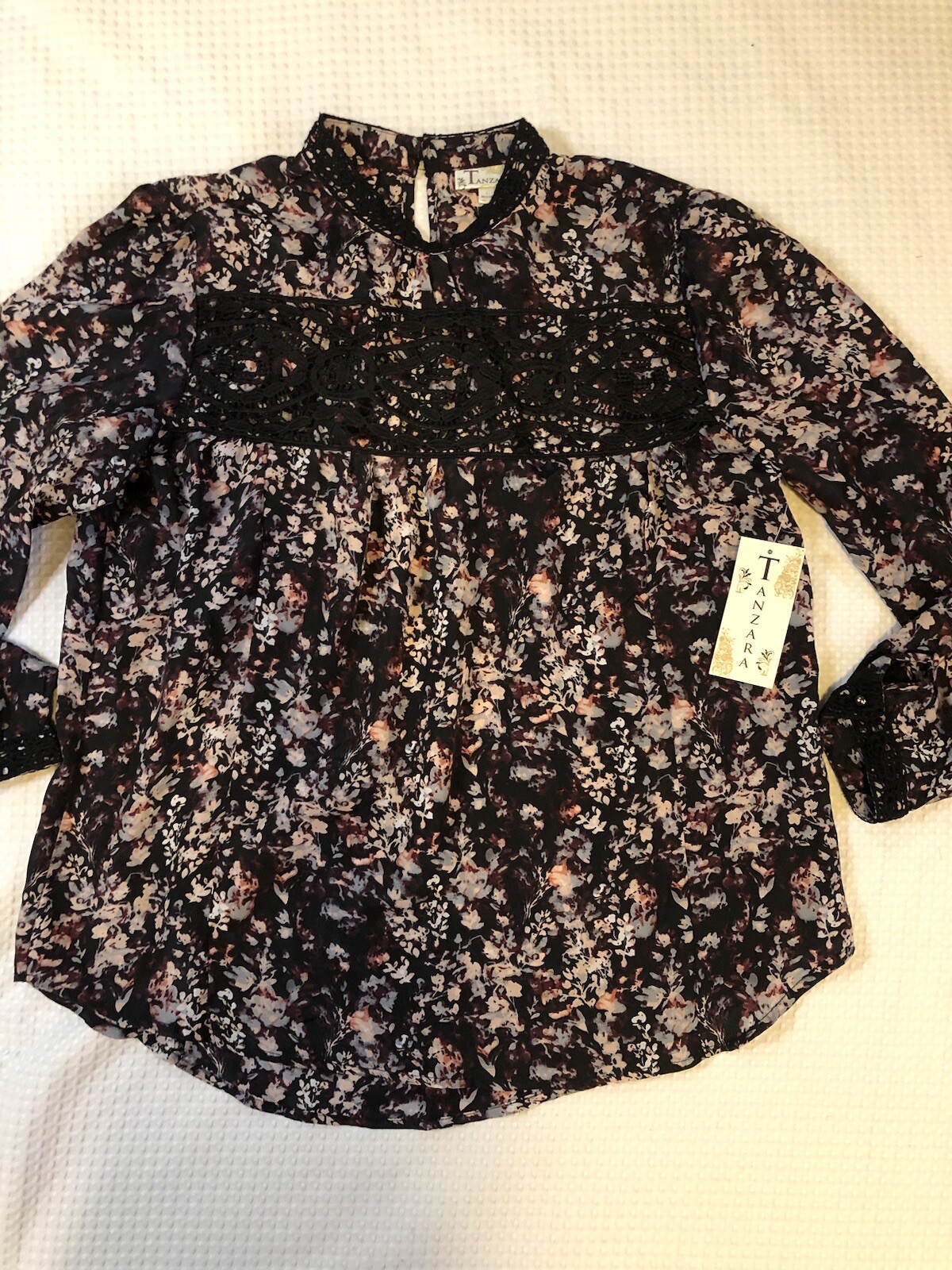 TANZARA – Women’s Large – NEW – Black Pink Floral Lace Panel Blouse – MSRP $43