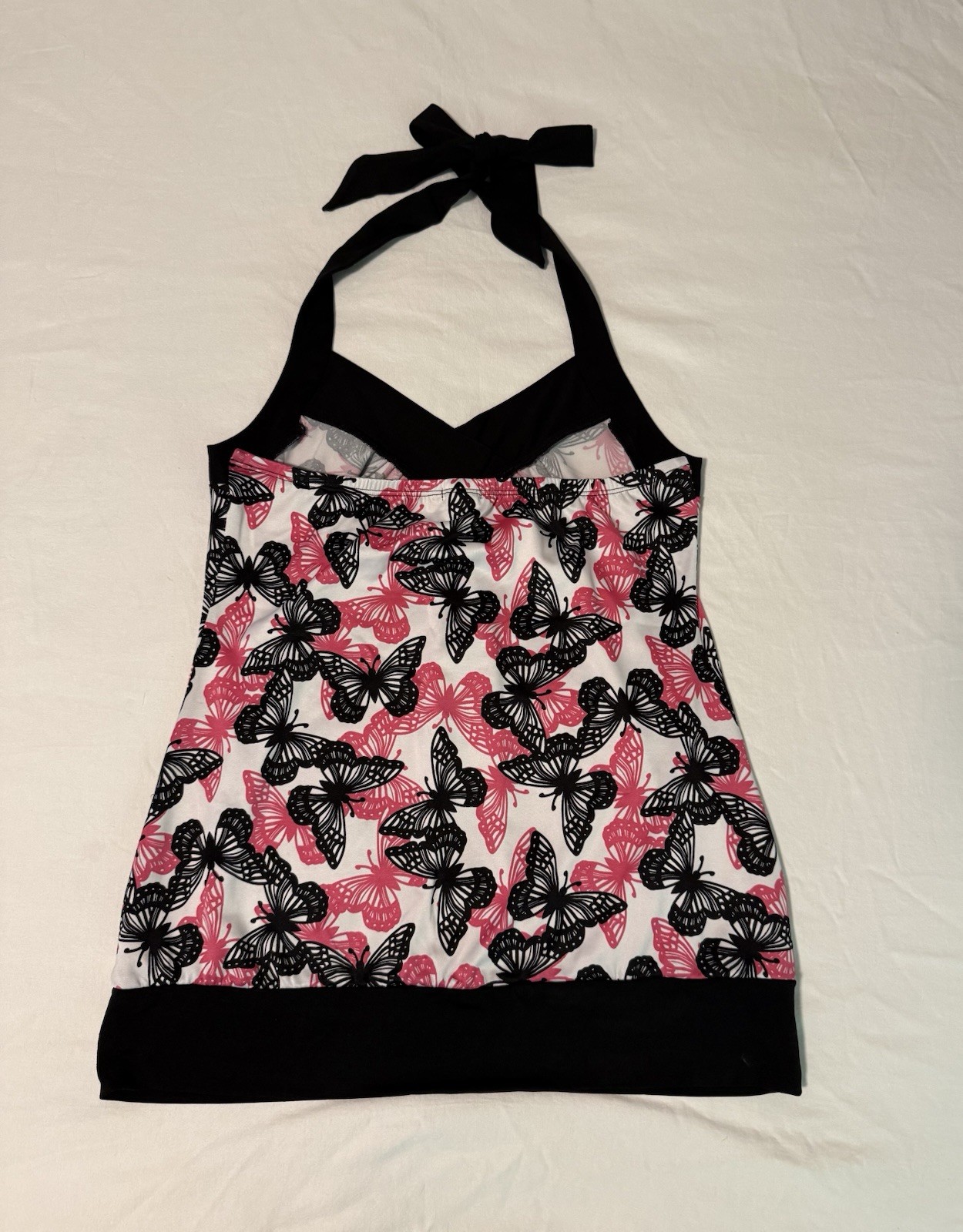StudioY Women’s L Halter Top Adjustable Tie Crossover Butterfly Black Pink White
