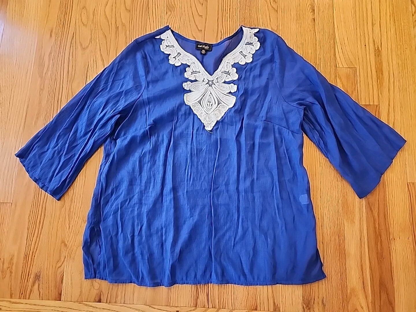 Cal Style Dark Blue Gauze Lace Trimmed Boho Tunic Top Womens Size 2XL USA Made
