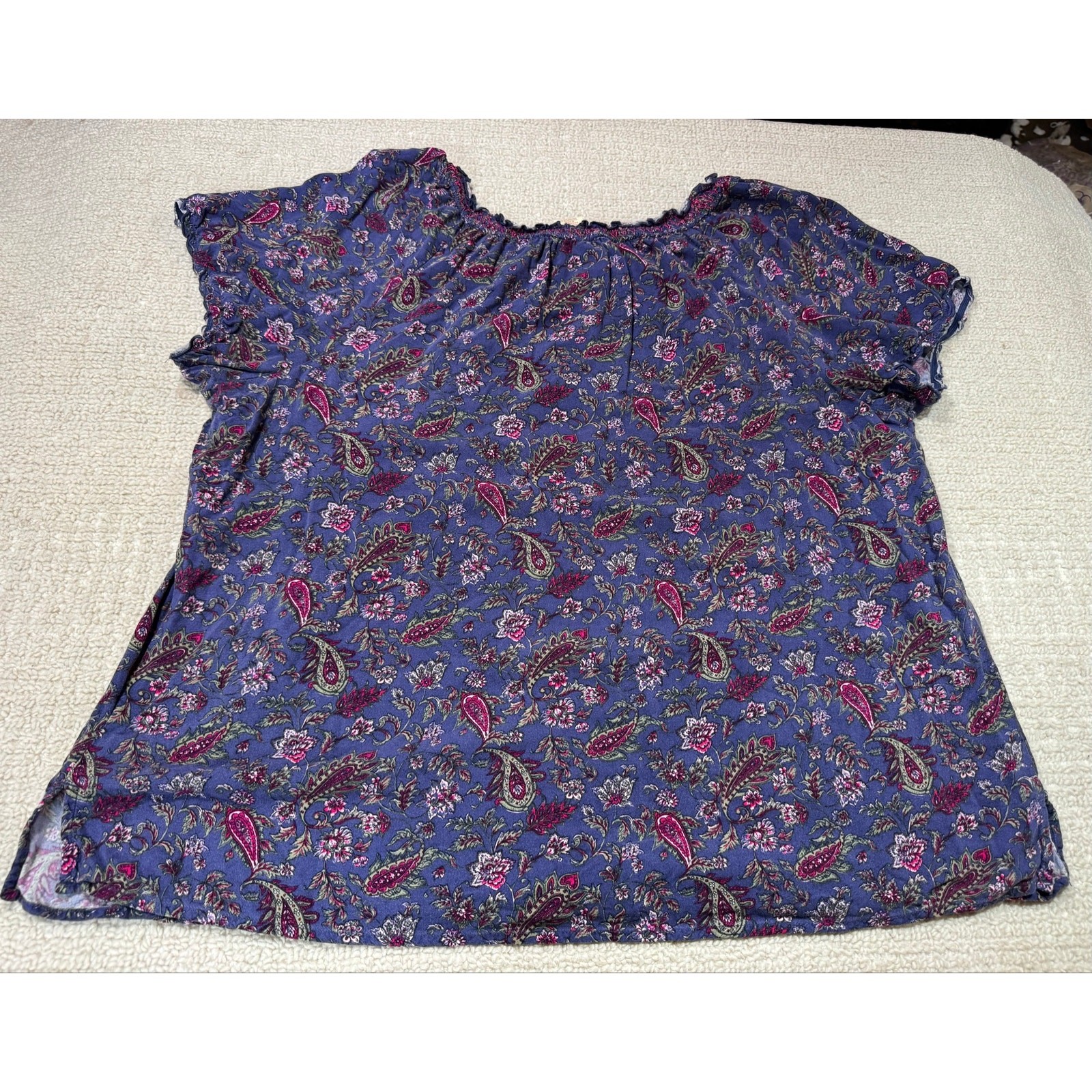 Faded Glory Women’s 3X 22w – 24w Peasant Top Boat Neck Short Sleeve Paisley Blue