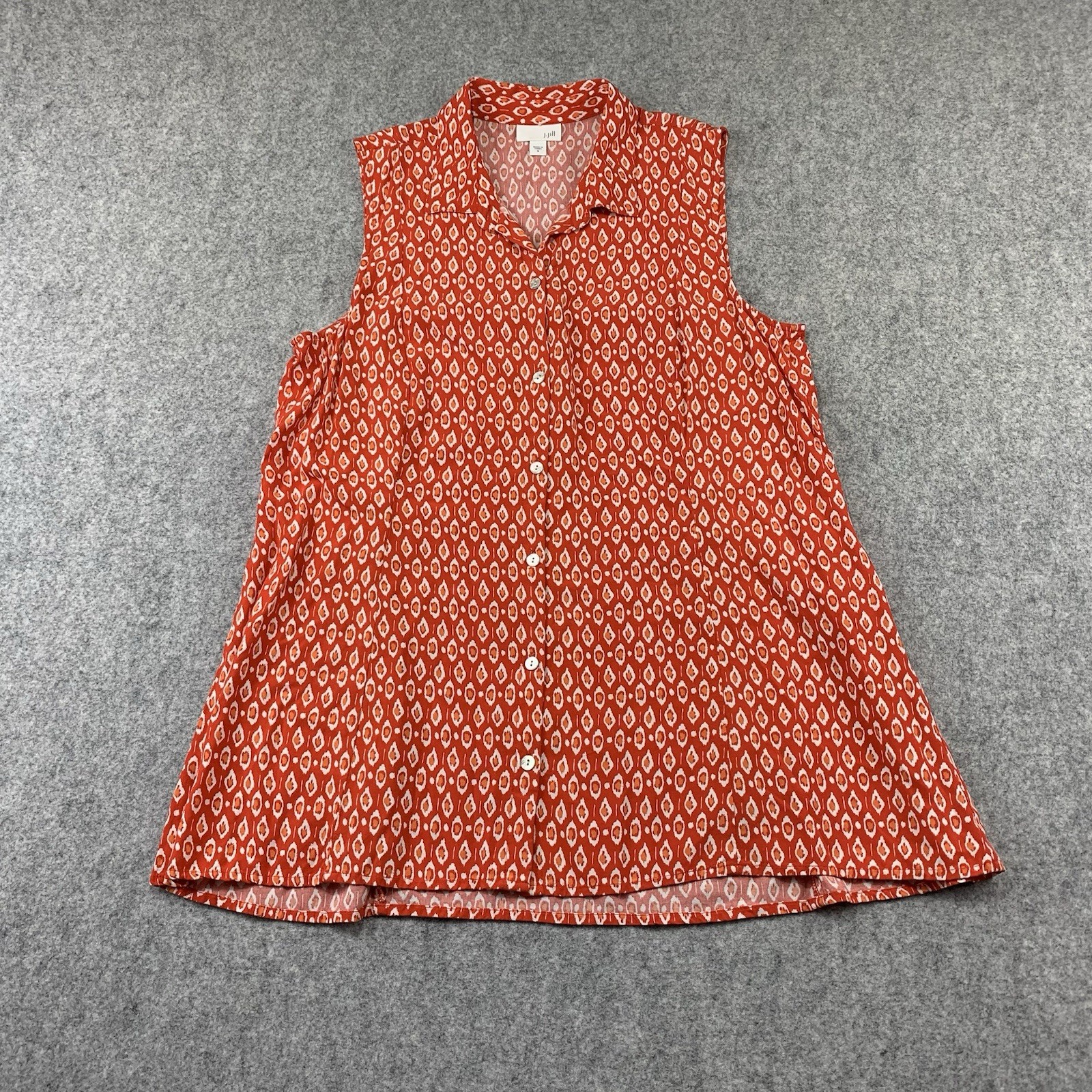 J Jill Women’s Sleeveless Tunic Size Medium Orange Ikat Print Button Front Rayon