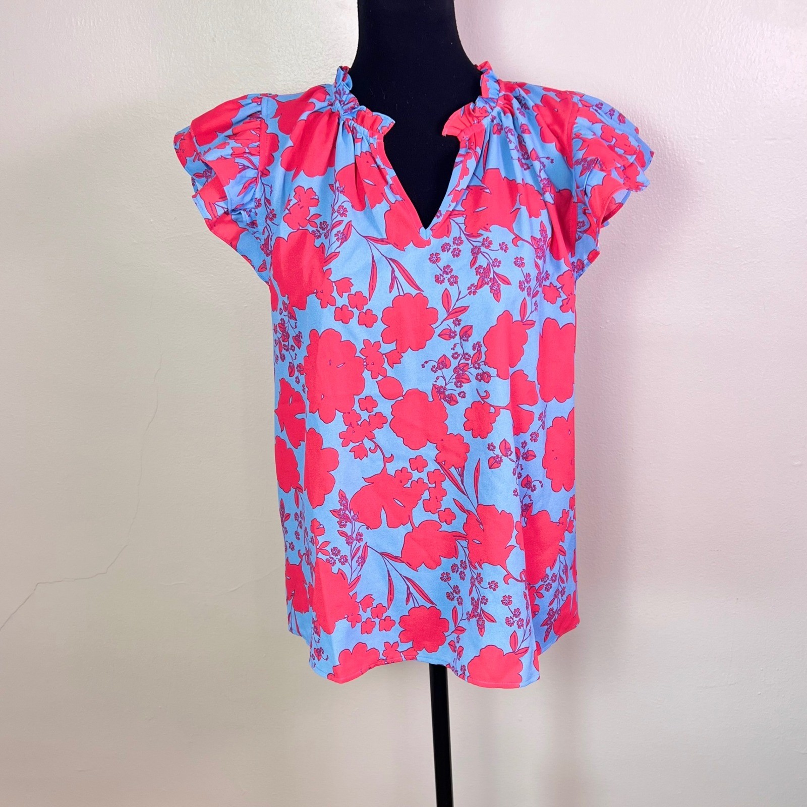 Sugarlips Thea Flutter Sleeve Blouse M Blue Pink Tropical Floral Dopamine Barbie