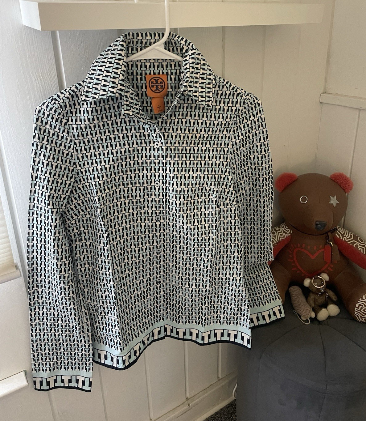 Tory Burch Blouse 4 Blue White Geometric Woven Collared Long Sleeve Button-Up