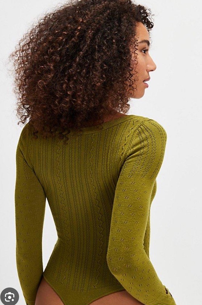 Free People Such A Dreamer Embroidered Cuff Pointelle Sweater Bodysuit Top S