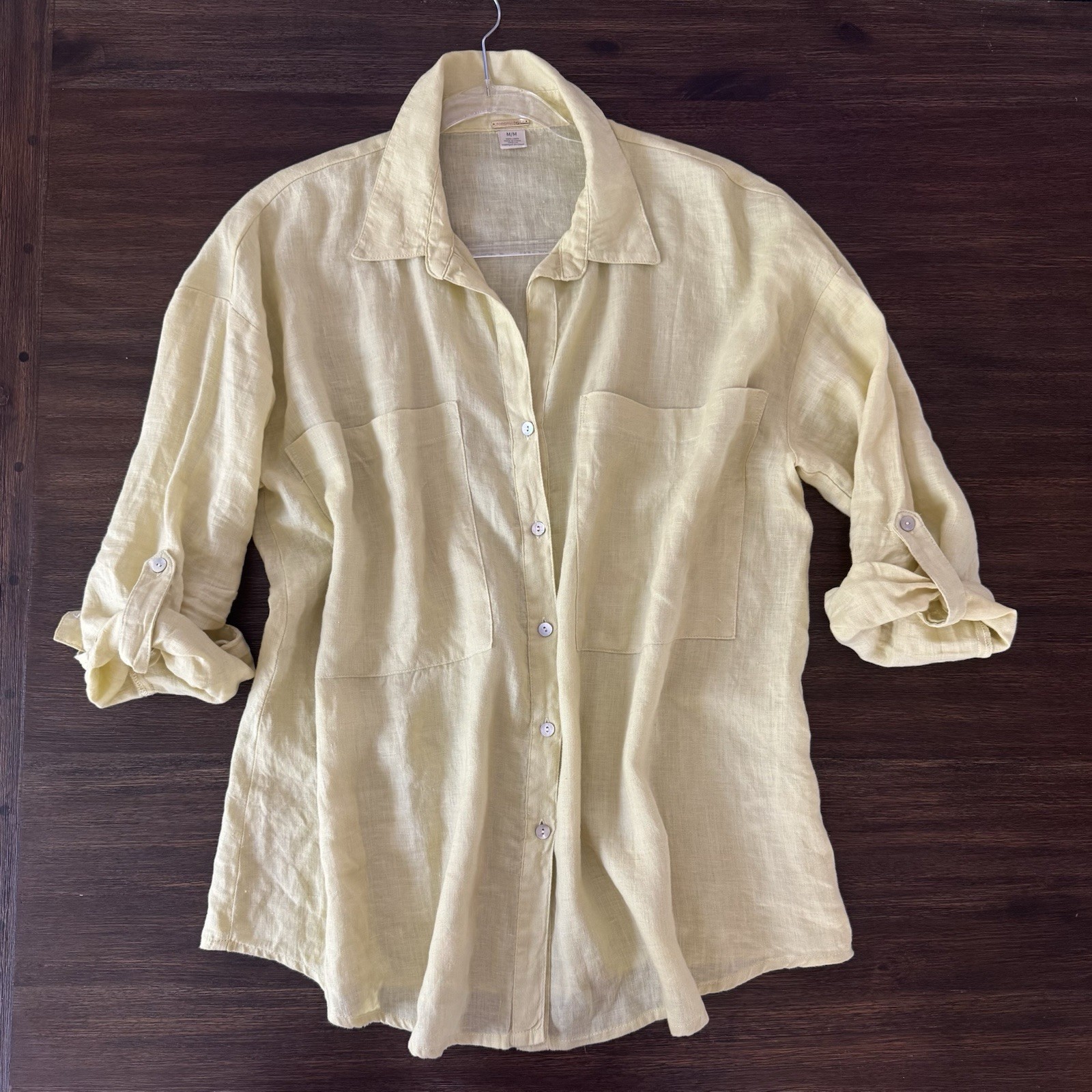 Magaschoni 100% Linen Yellow Oversized Shirt Top Womens Medium Pastel Beach